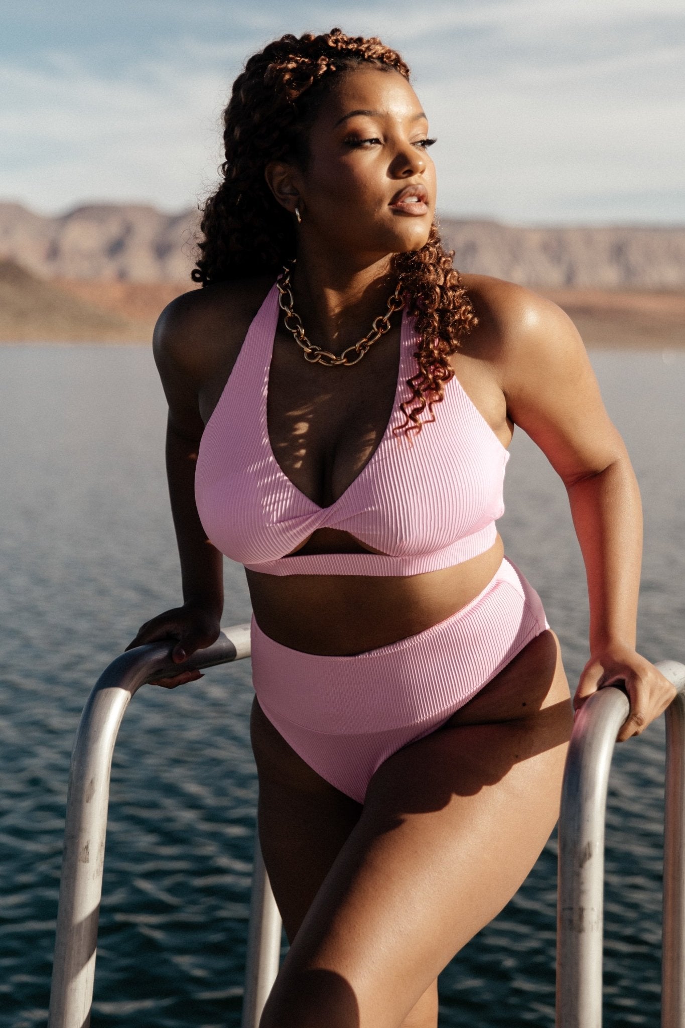 Baltic Born Pink Ribbed Razorback Bikini Top with Keyhole Detail
