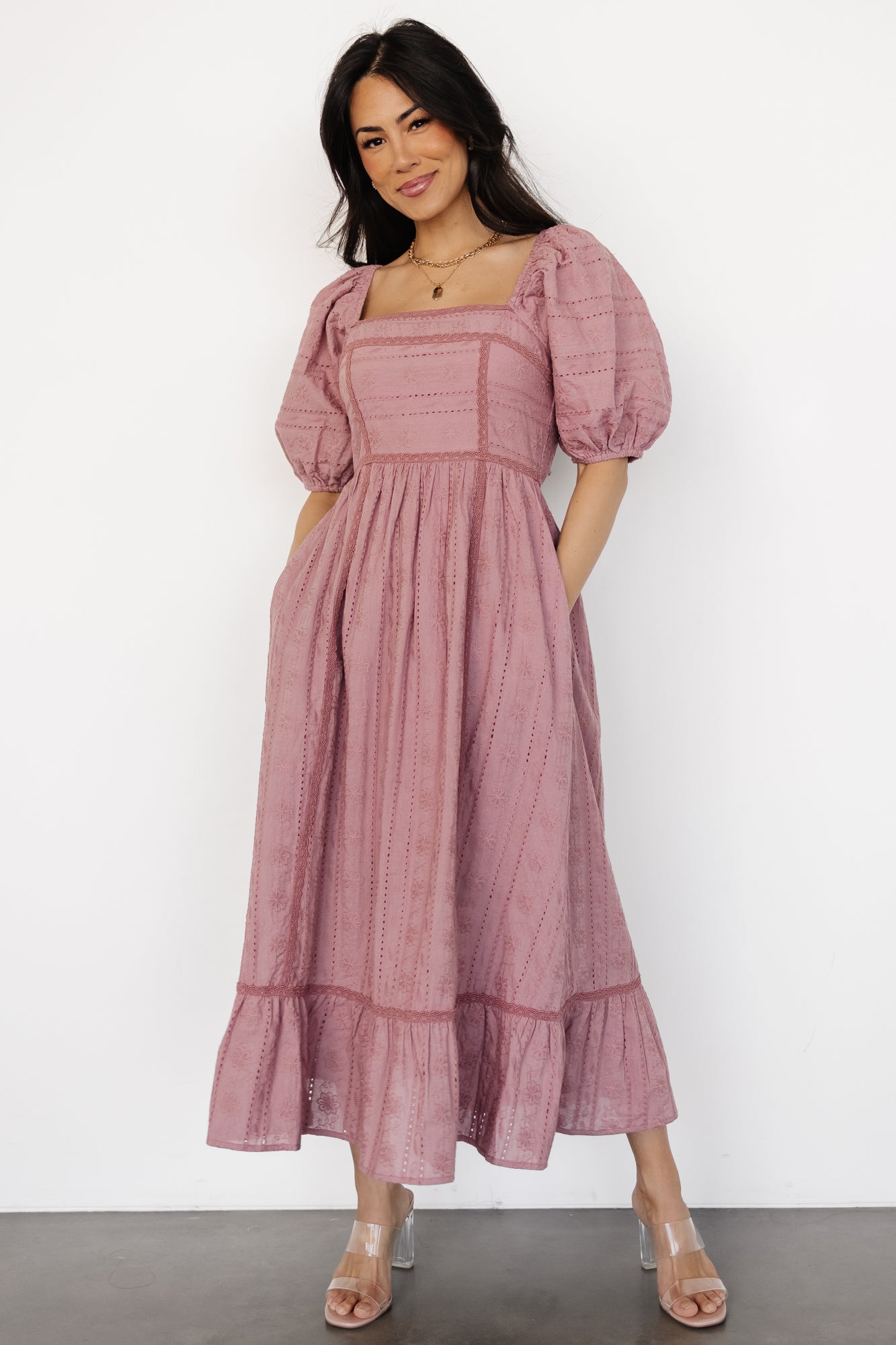 Baltic Born Floral Eyelet Midi Dress with Pockets - Dusty Mauve