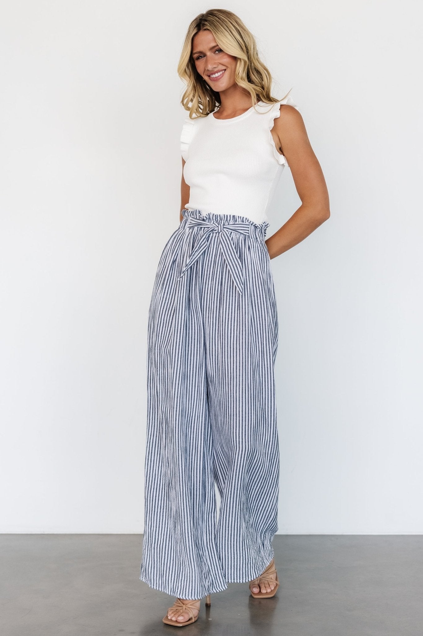Baltic Born Delphi Wide Leg Cotton Pants with Navy Stripes