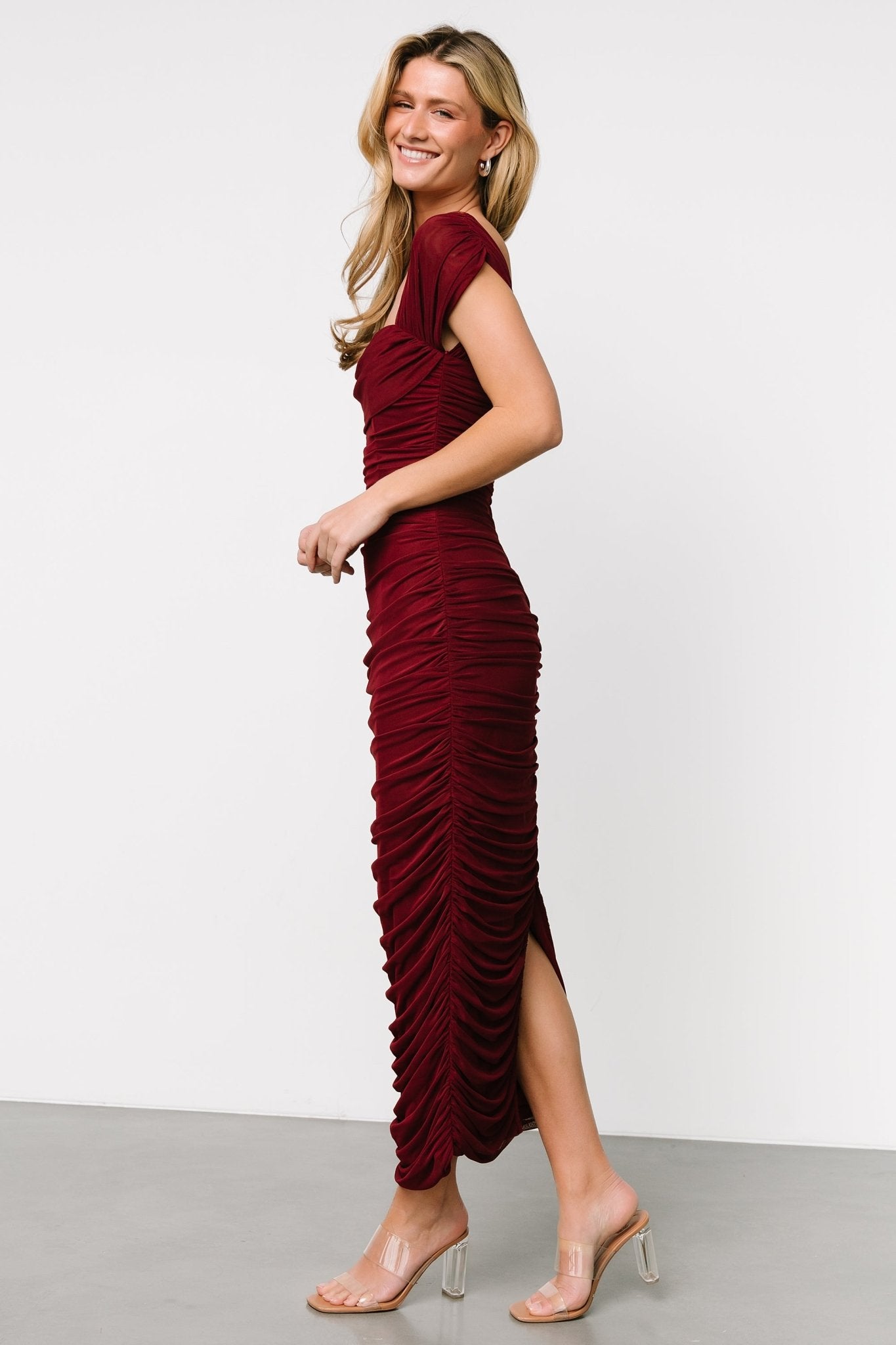 Burgundy Mesh Midi Dress with Ruched Sides | Baltic Born