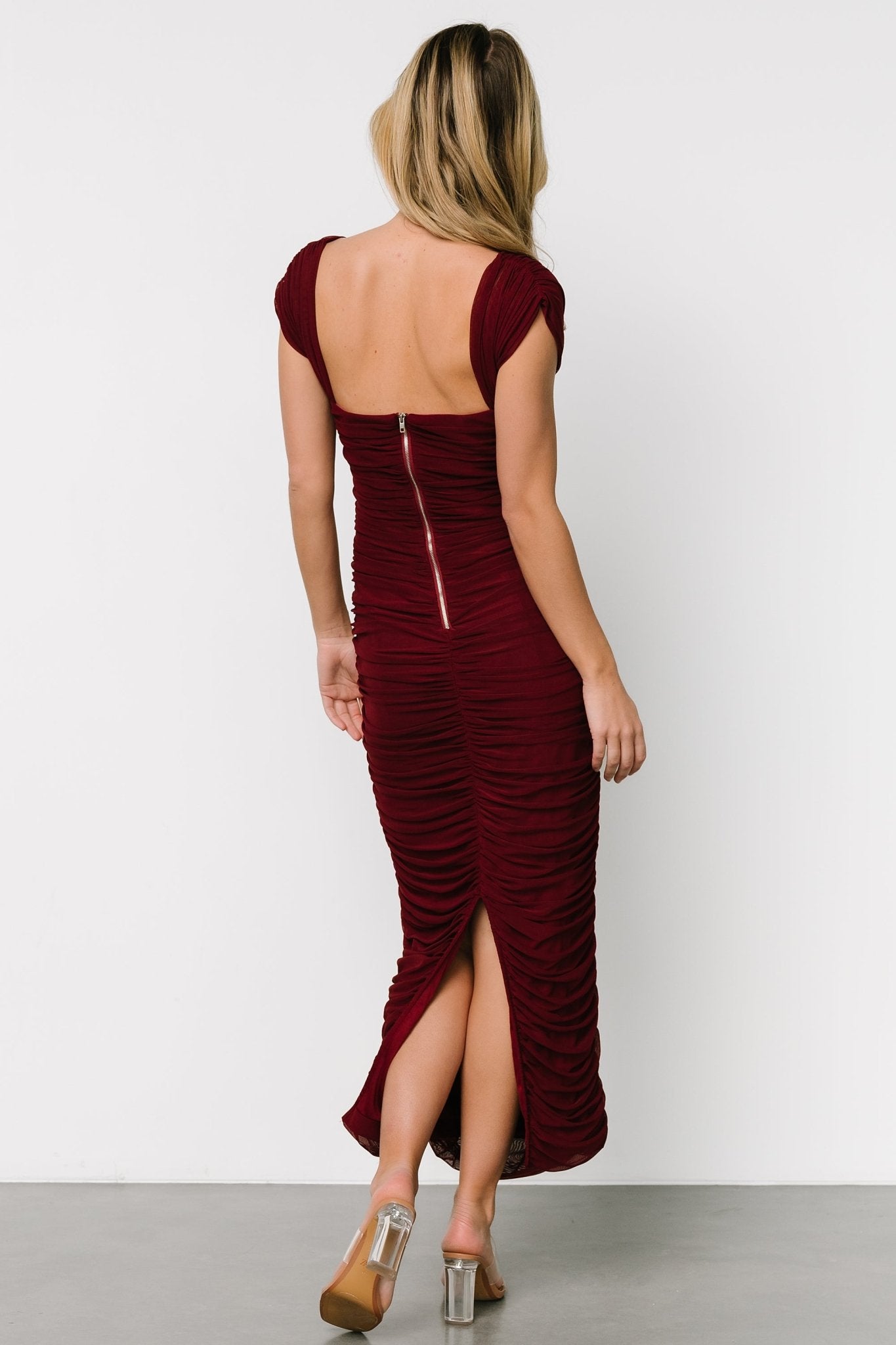 Burgundy Mesh Midi Dress with Ruched Sides | Baltic Born