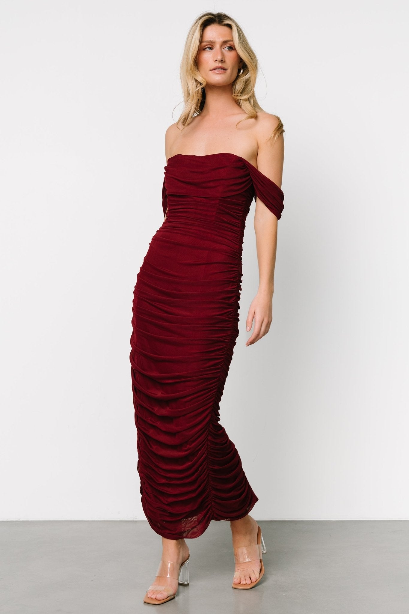 Burgundy Mesh Midi Dress with Ruched Sides | Baltic Born