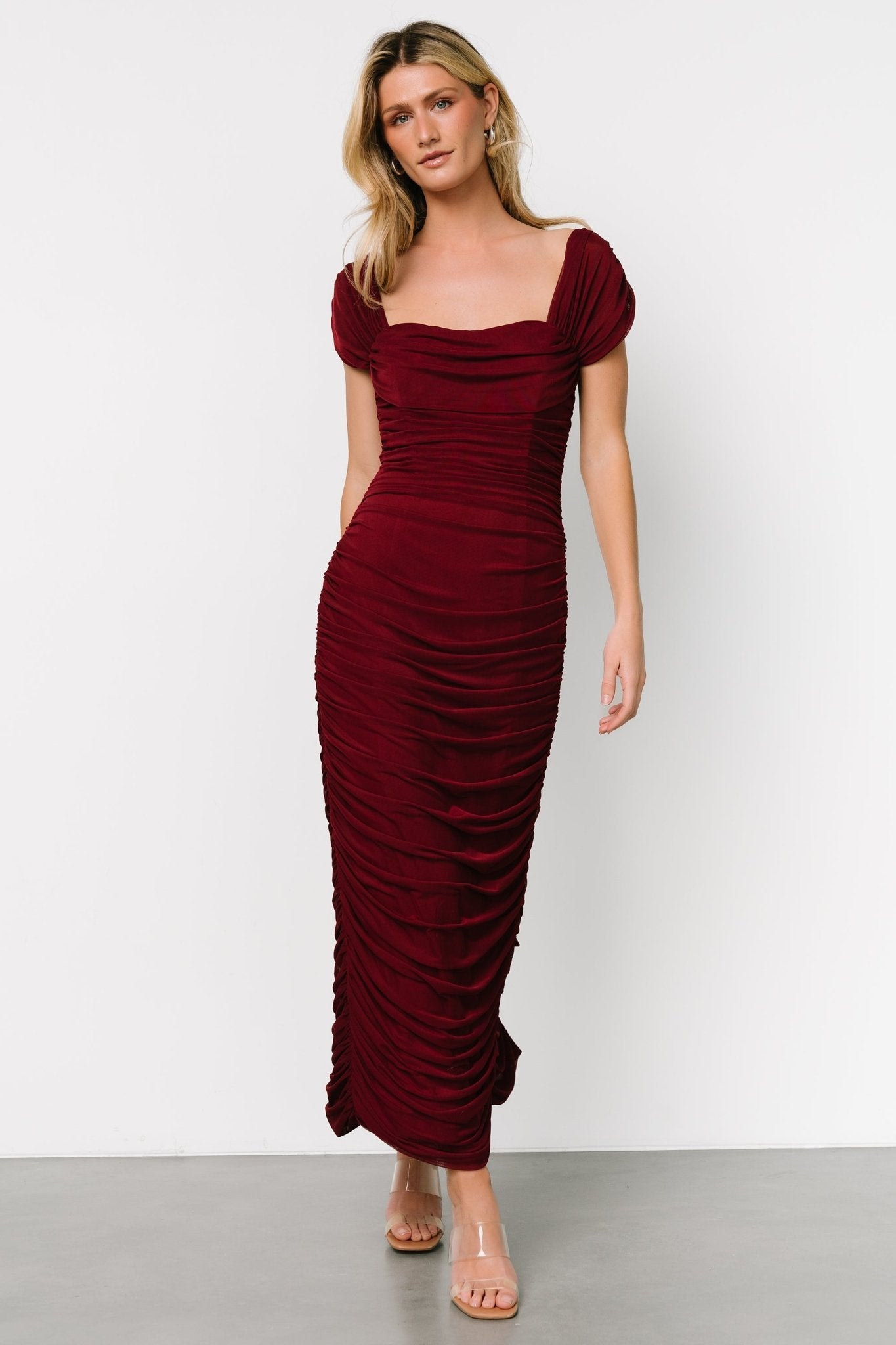 Burgundy Mesh Midi Dress with Ruched Sides | Baltic Born