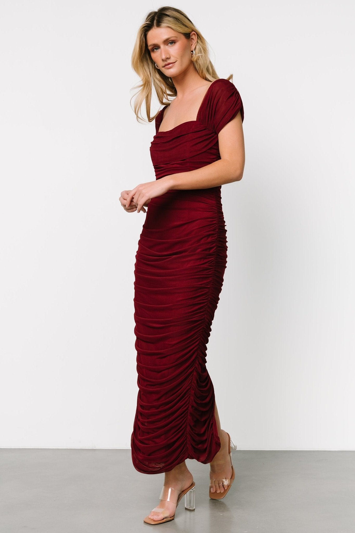 Burgundy Mesh Midi Dress with Ruched Sides | Baltic Born
