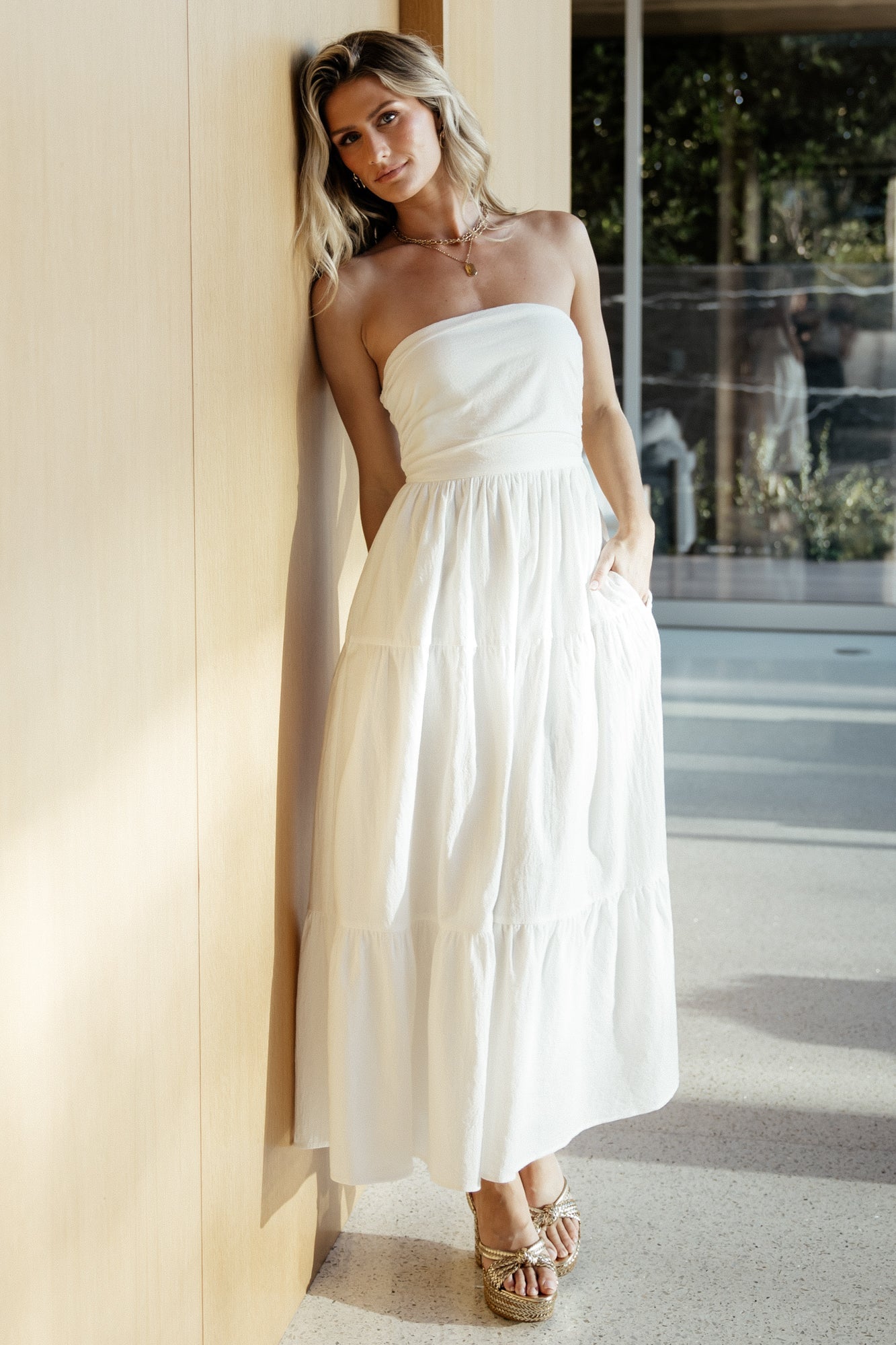 Strapless Cotton Dress for Women - Off White Tiered Skirt with Pockets
