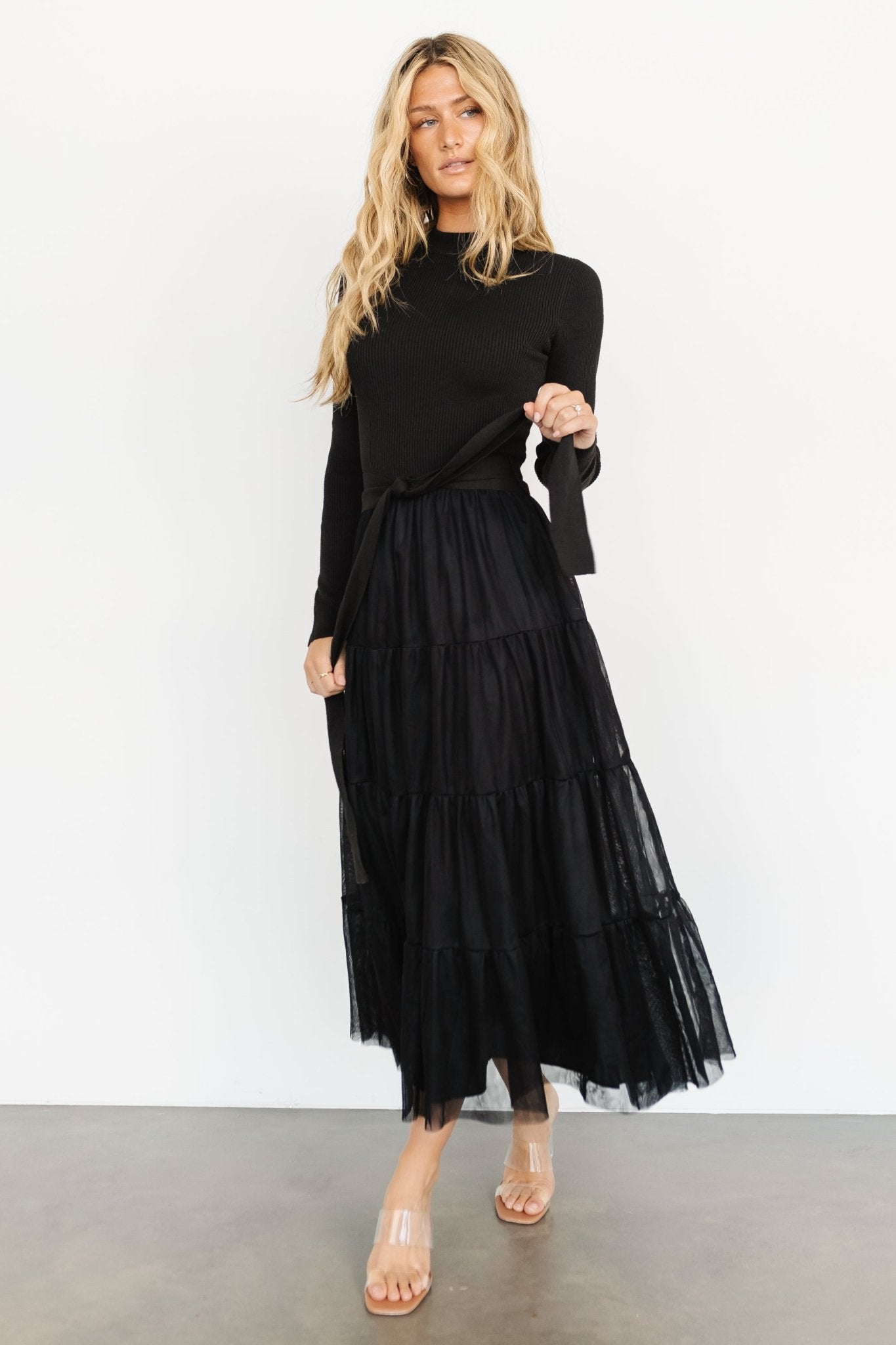 Black Tulle Sweater Dress with Tiered Ruffle Skirt – Baltic Born