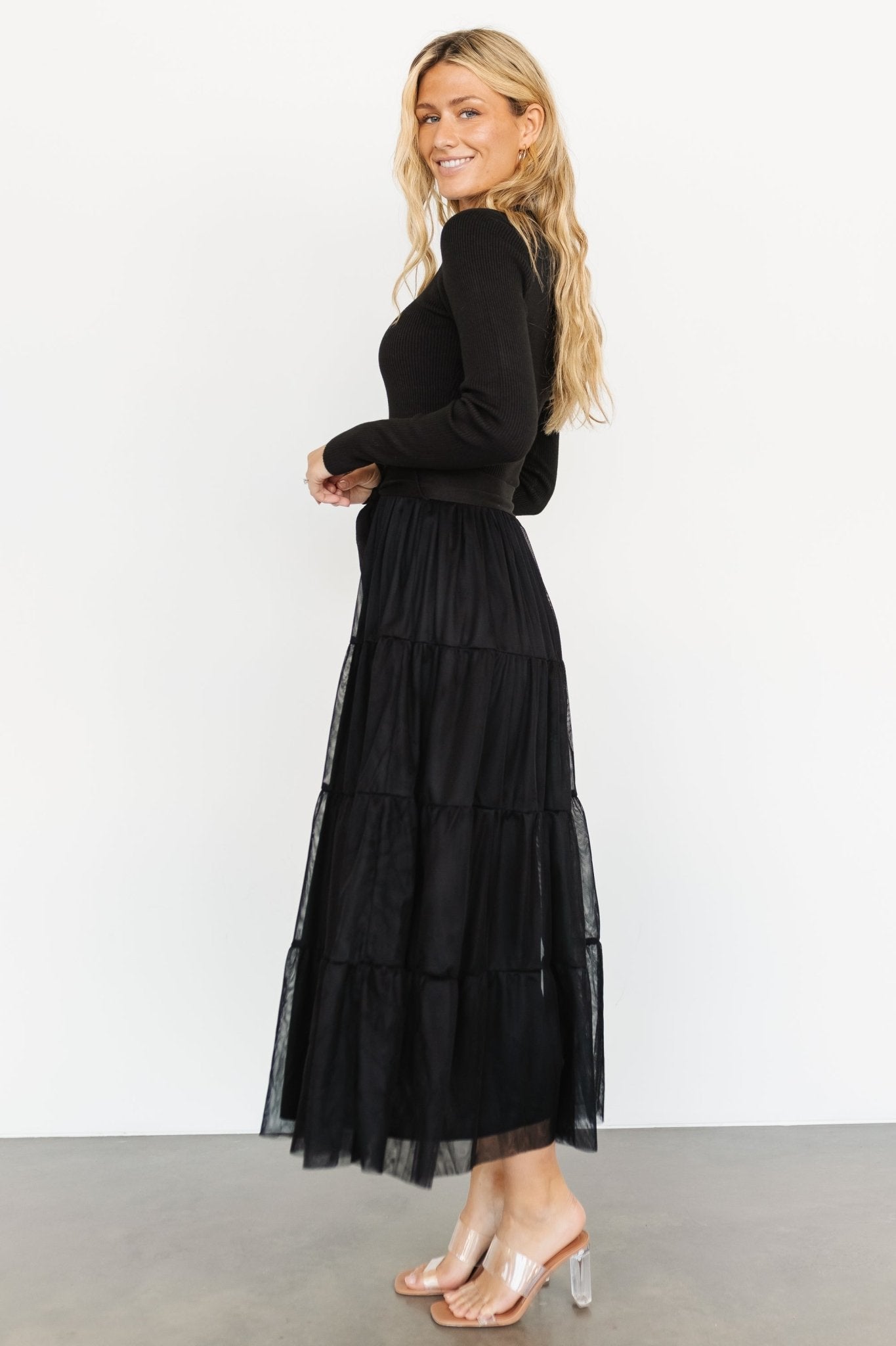 Black Tulle Sweater Dress with Tiered Ruffle Skirt – Baltic Born