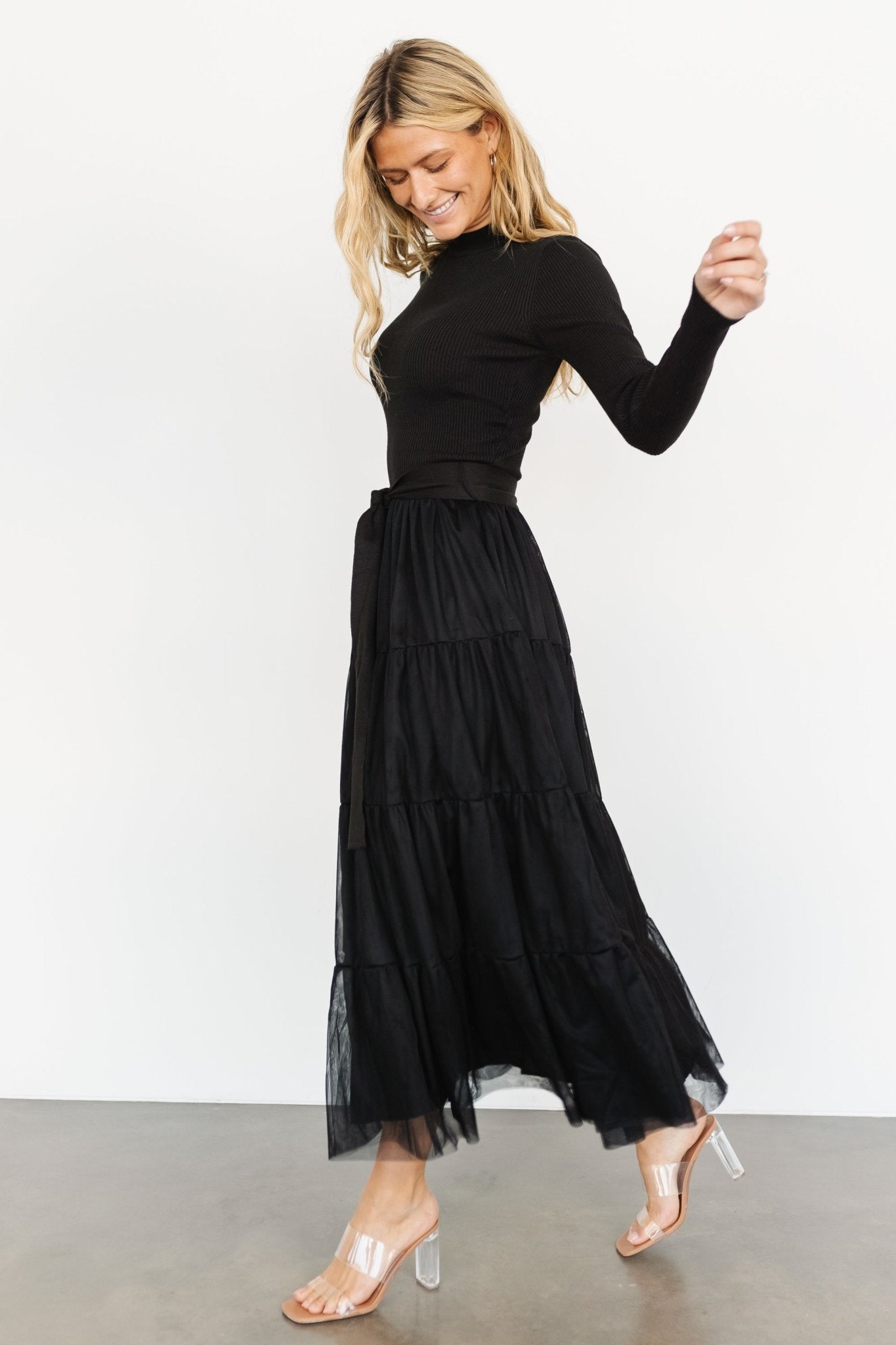 Black Tulle Sweater Dress with Tiered Ruffle Skirt – Baltic Born
