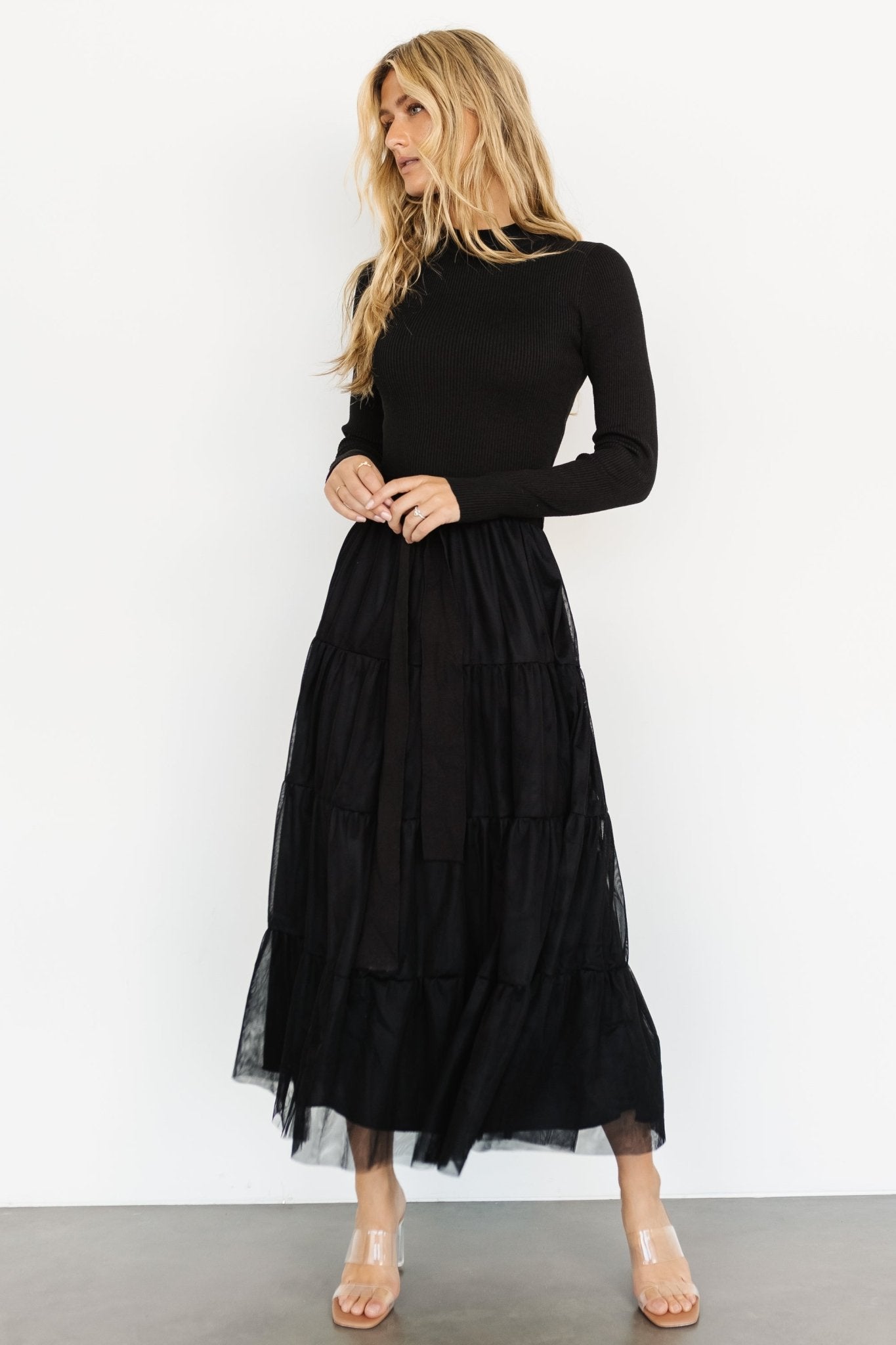 Black Tulle Sweater Dress with Tiered Ruffle Skirt – Baltic Born