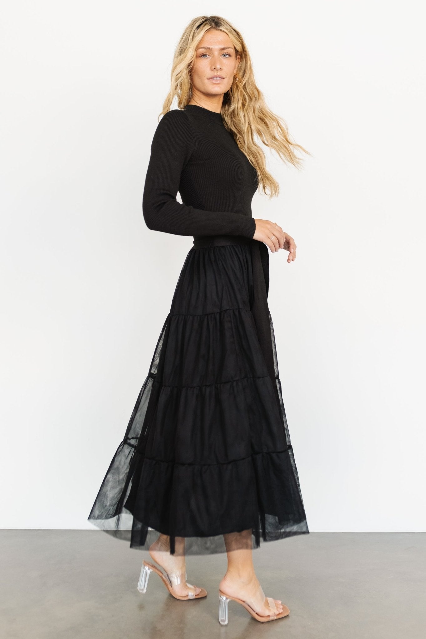 Black Tulle Sweater Dress with Tiered Ruffle Skirt – Baltic Born