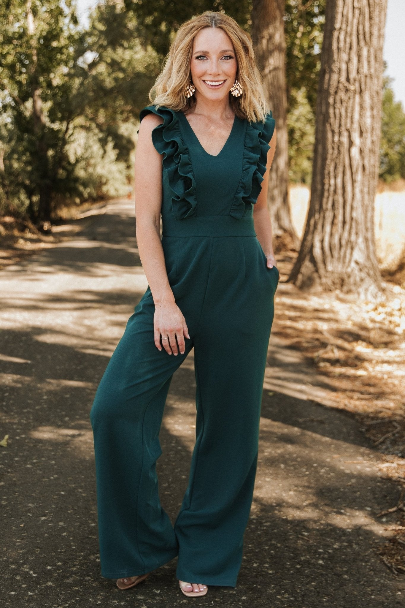 Dark Green Ruffle Jumpsuit with V-Neck & Pockets | Baltic Born