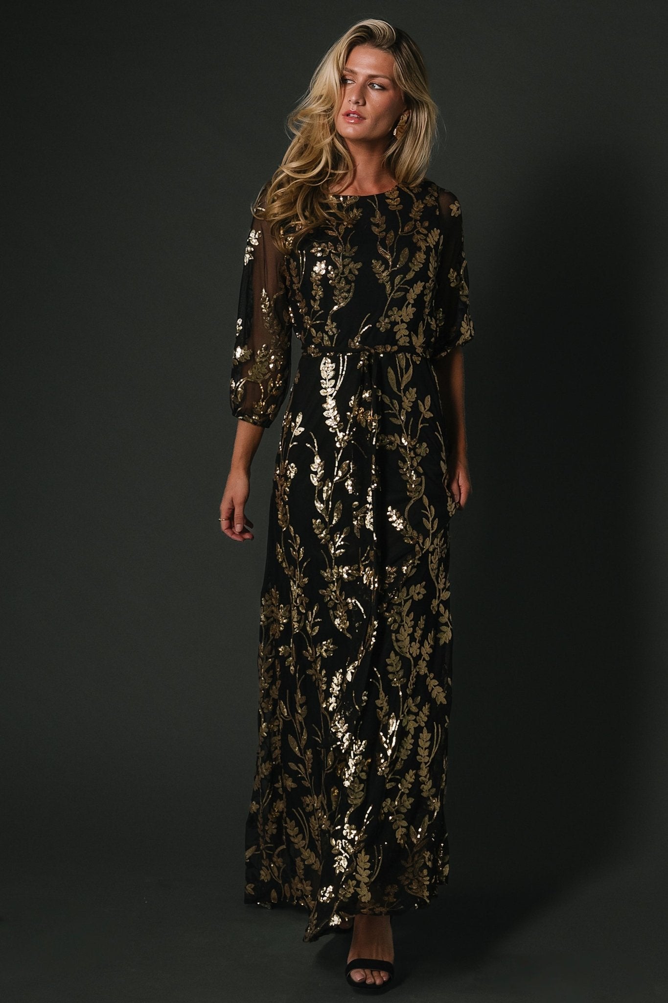 Black Gold Sequin Maxi Dress with Keyhole Back - Baltic Born