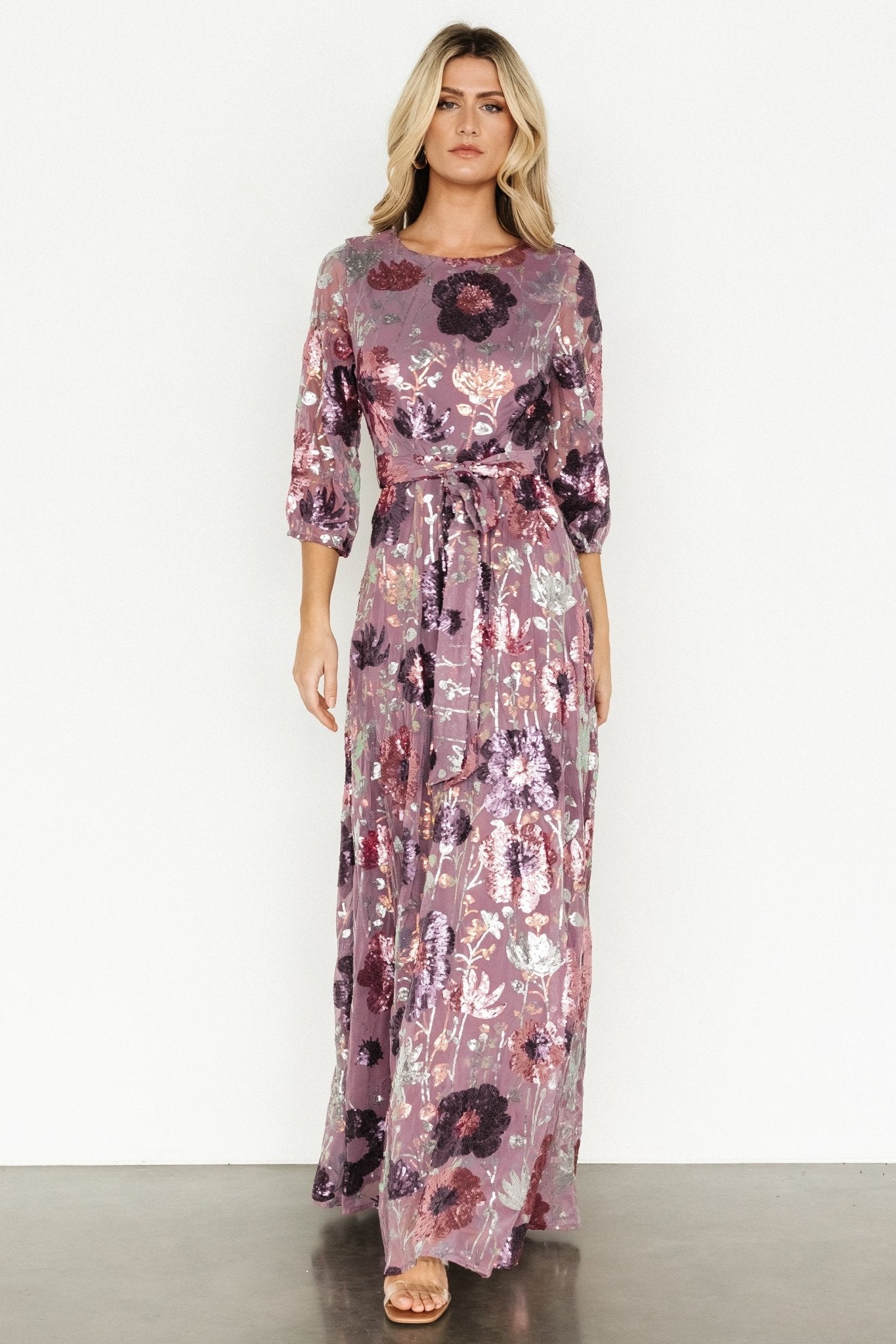 Lilac Sequin Maxi Dress with Floral Detail | Baltic Born