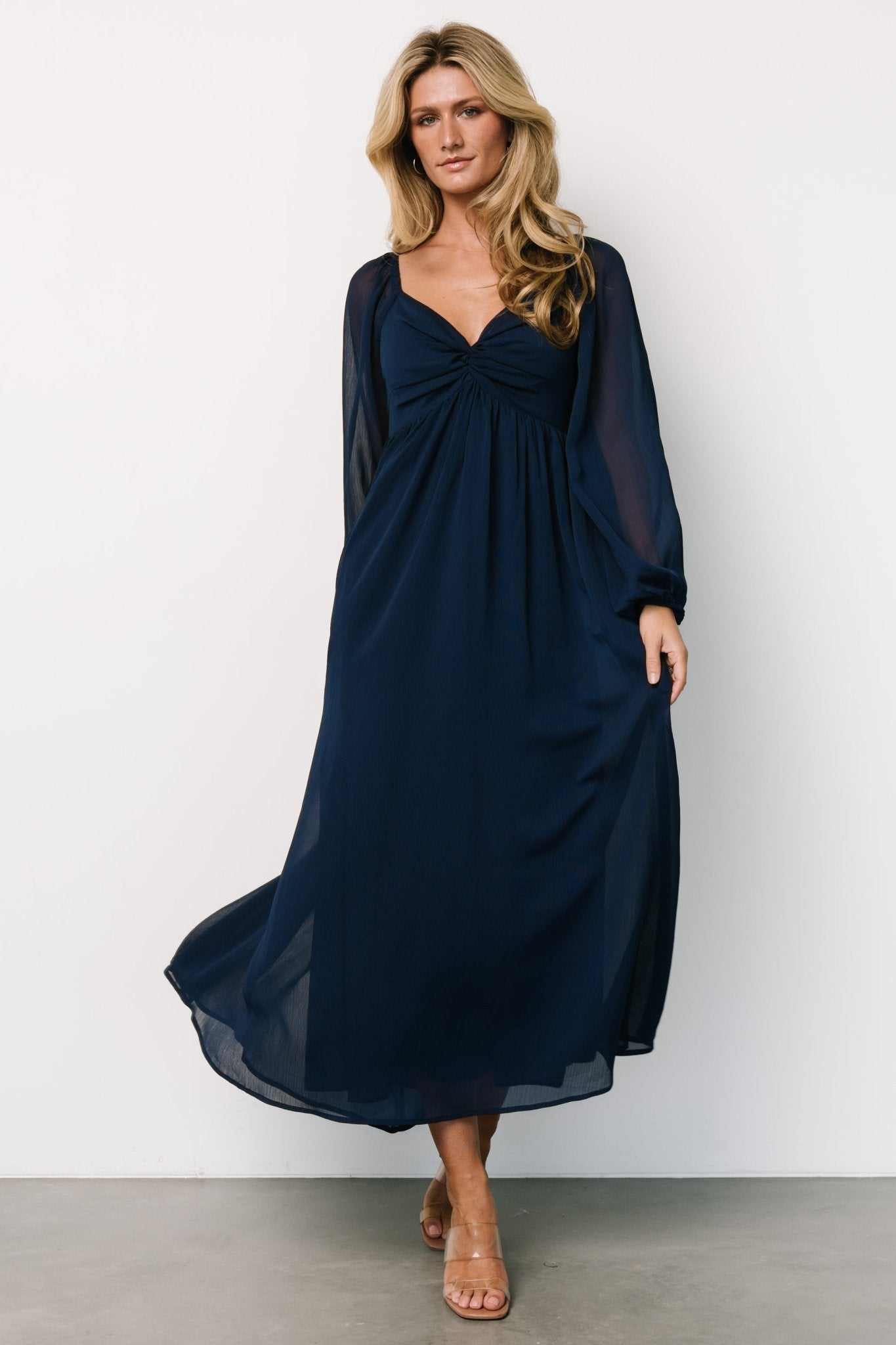 Navy Georgette Midi Dress with Sweetheart Neckline & Puffed Sleeves