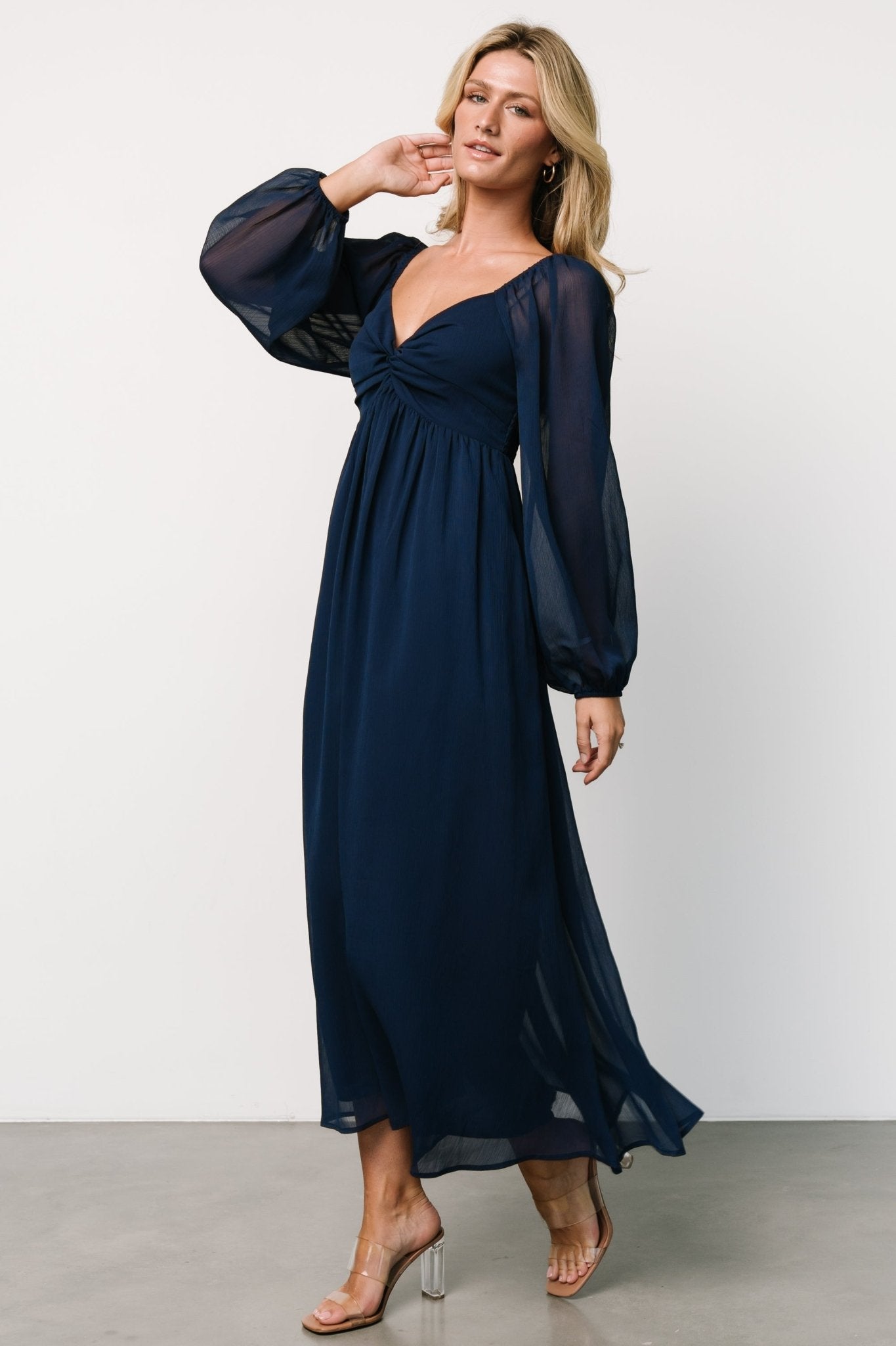 Navy Georgette Midi Dress with Sweetheart Neckline & Puffed Sleeves