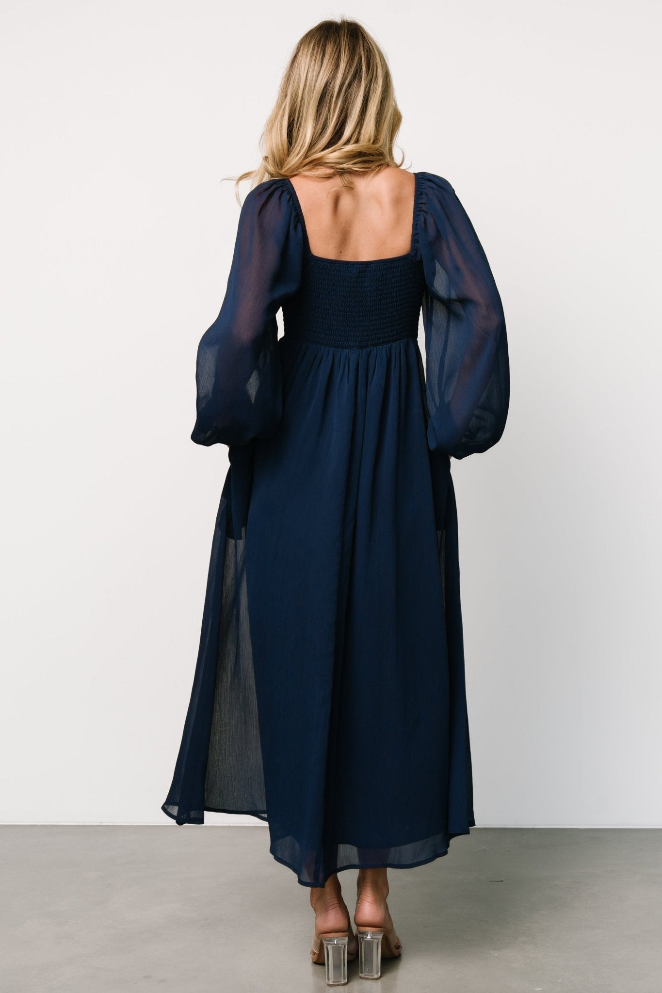 Navy Georgette Midi Dress with Sweetheart Neckline & Puffed Sleeves