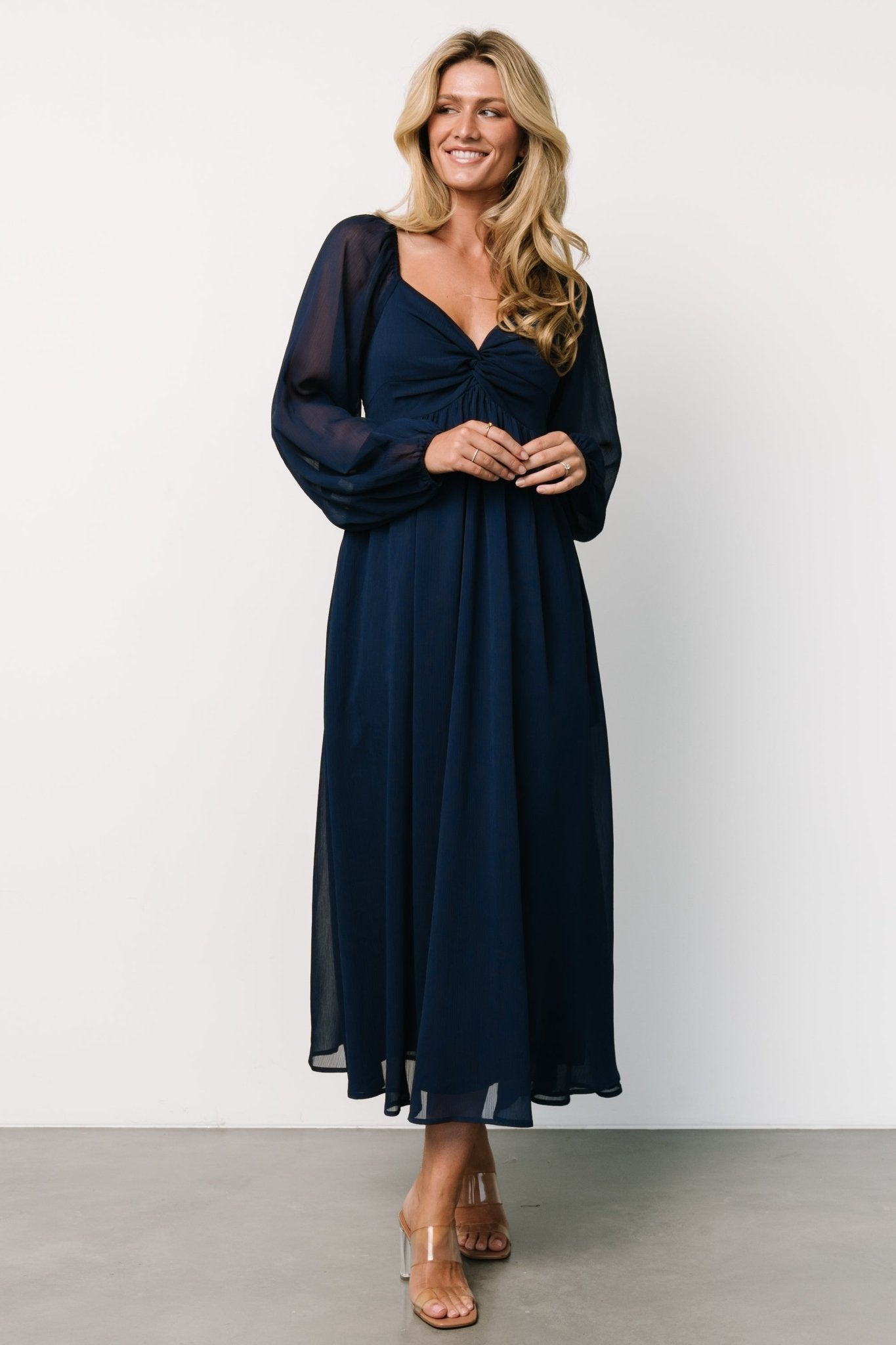 Navy Georgette Midi Dress with Sweetheart Neckline & Puffed Sleeves