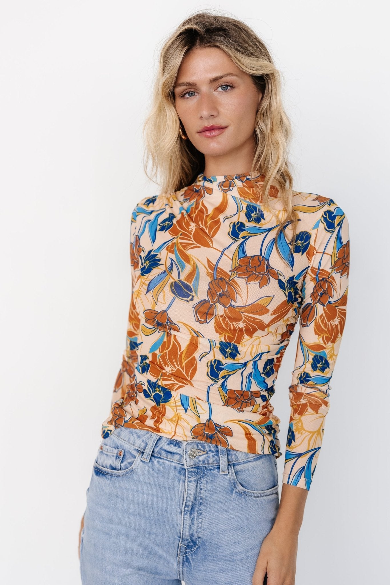 Retro Floral Sheer Mesh Top in Taupe & Multi Colors