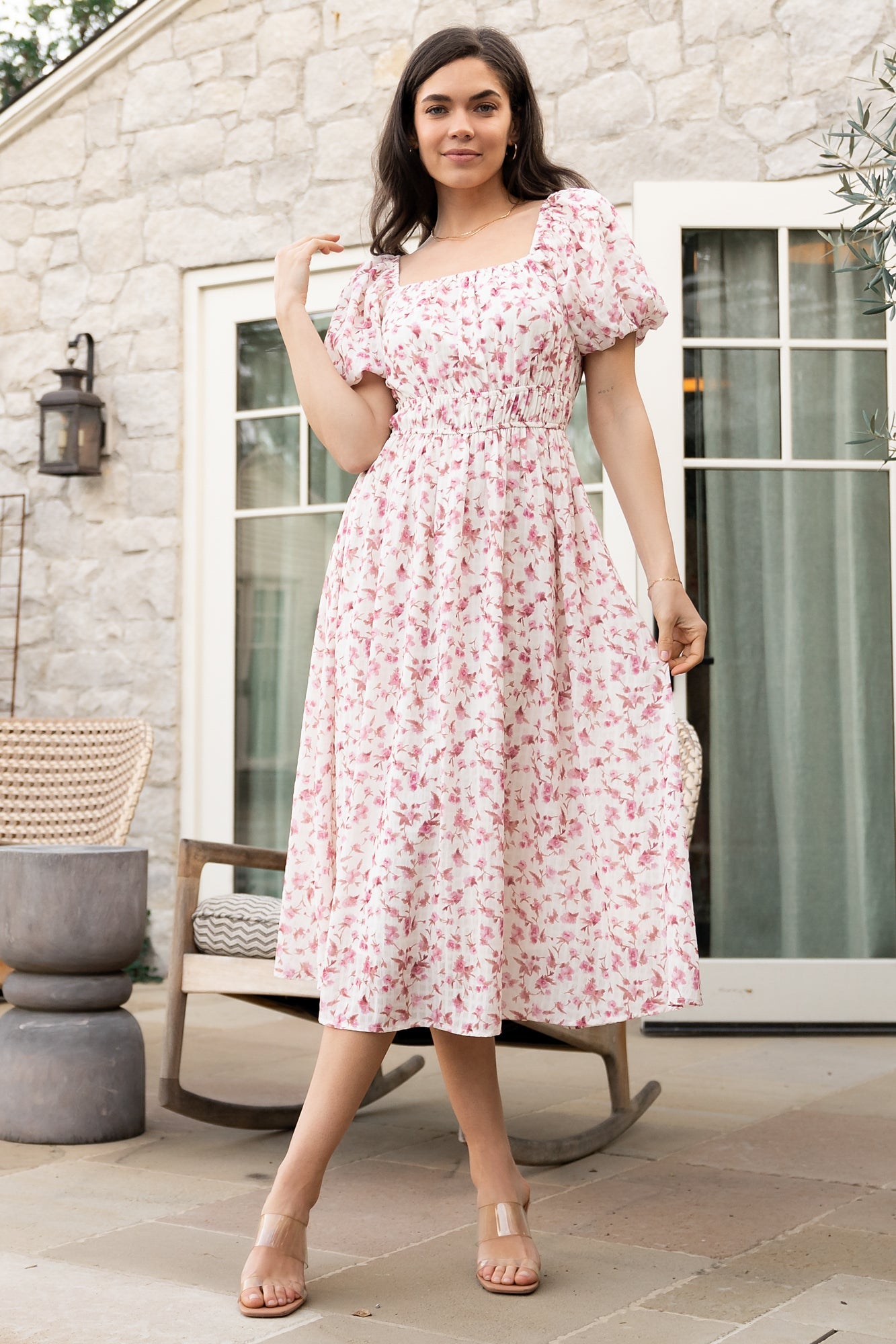 Ivory Blush Floral Midi Dress with Balloon Sleeves | Baltic Born
