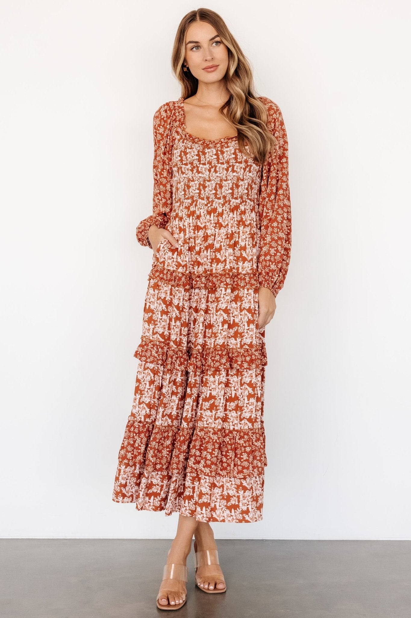 Dynah Rust Floral Tiered Maxi Dress with Pockets