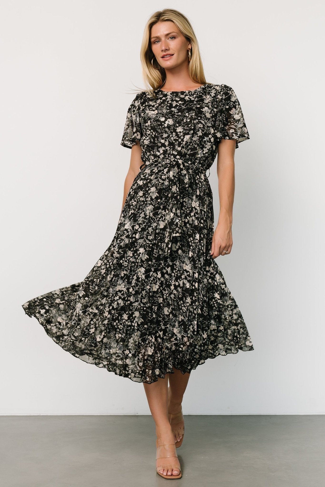 Baltic Born Alexandra Pleated Floral Chiffon Dress - Black