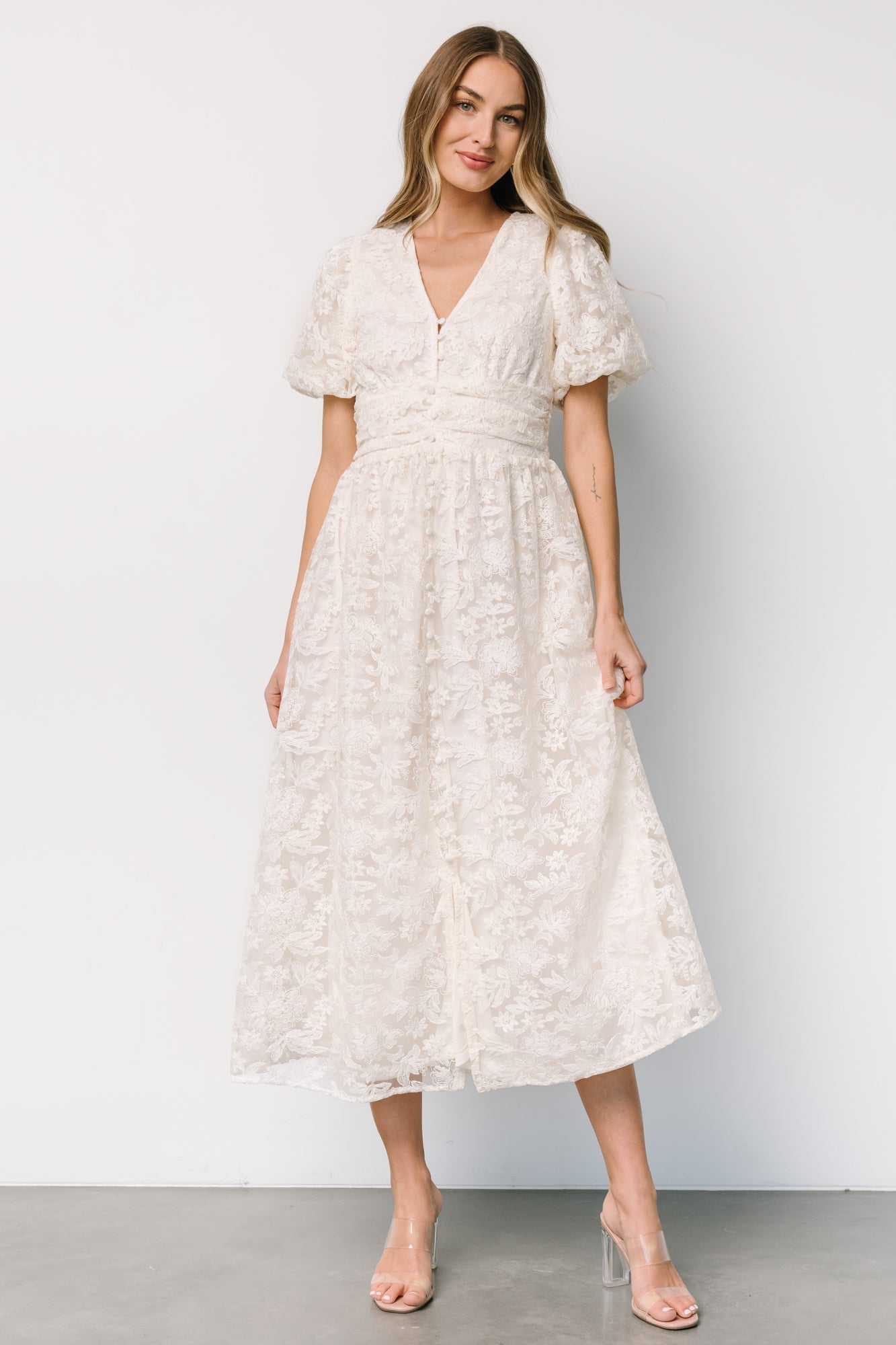 Vintage Cream Lace Midi Dress with V-Neck & Puff Sleeves | Edwina