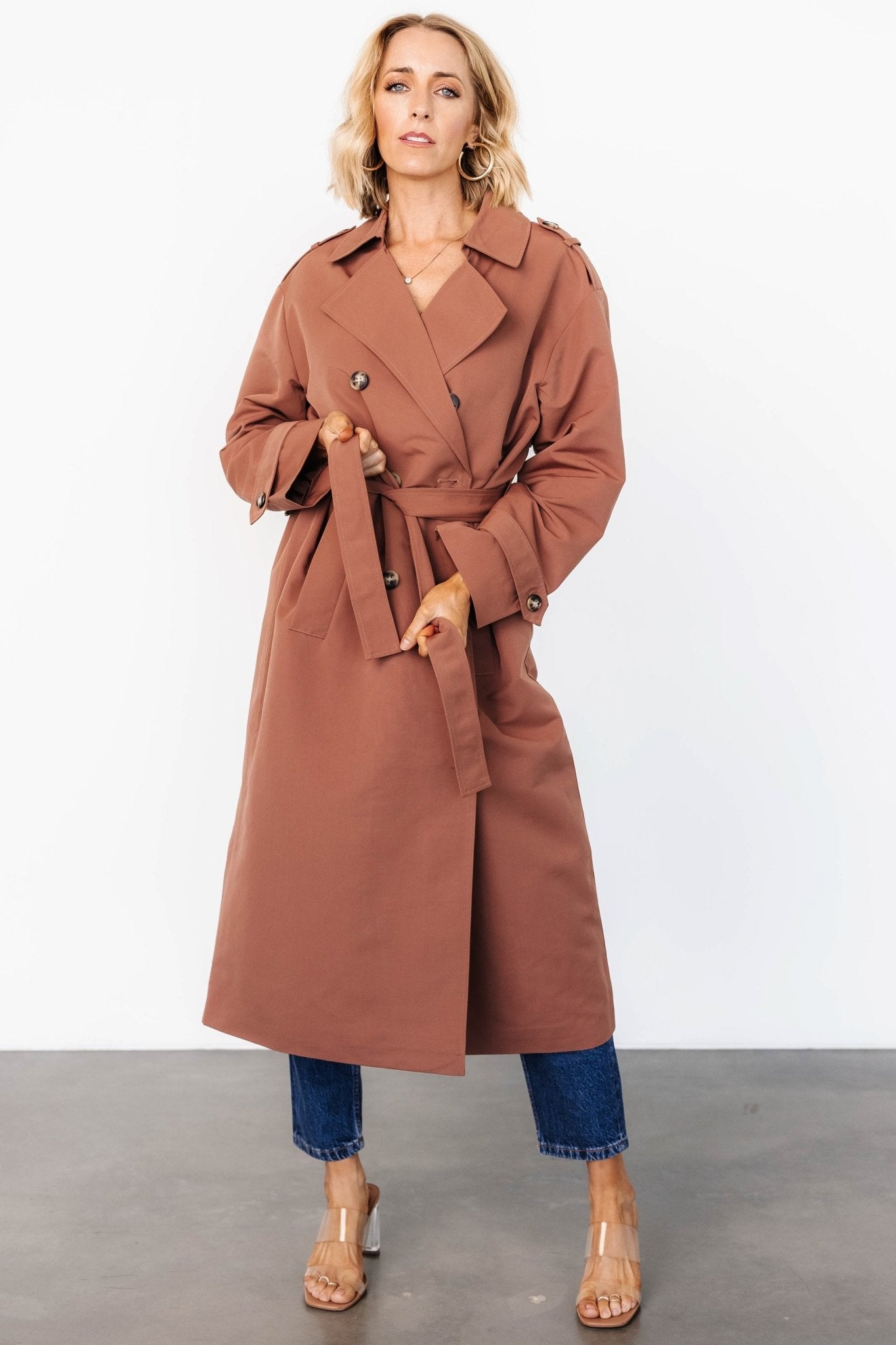 Elias Warm Brown Trench Coat for Women - Classic Poplin Jacket