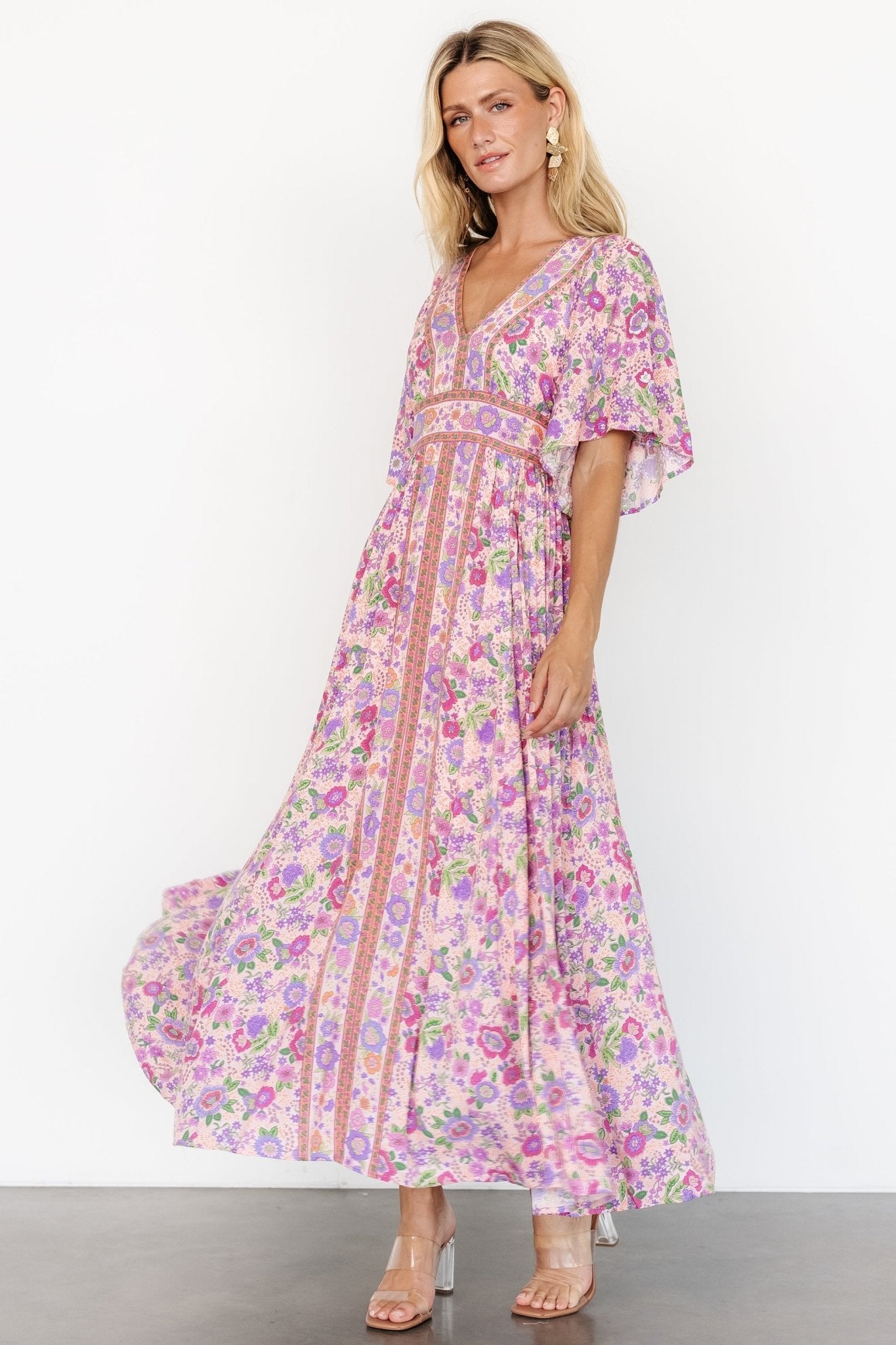 Baltic Born Pink Floral Maxi Dress with V-Neck & Keyhole Back