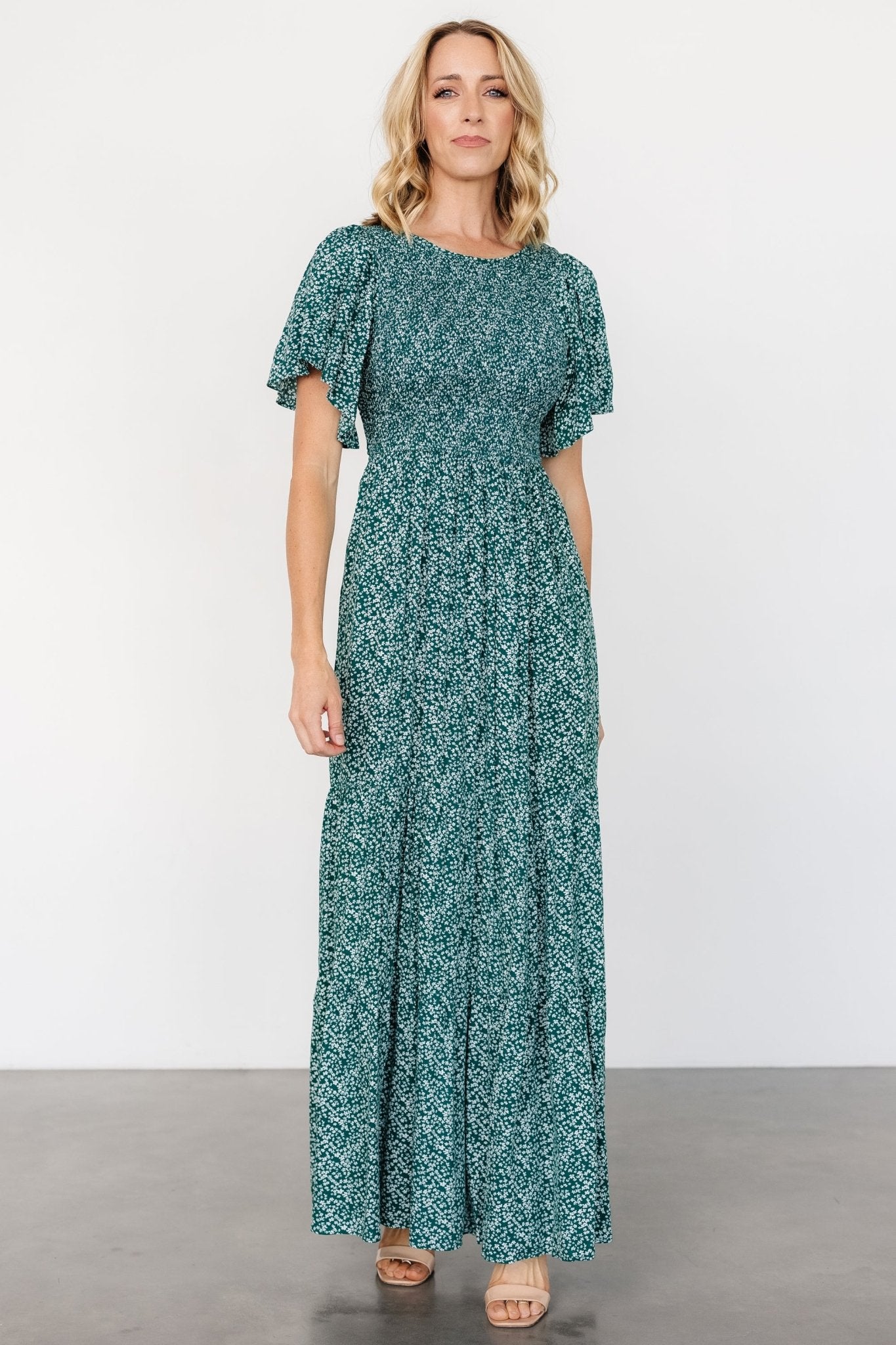 Green Floral Maxi Dress with Smocked Bodice & Keyhole Back