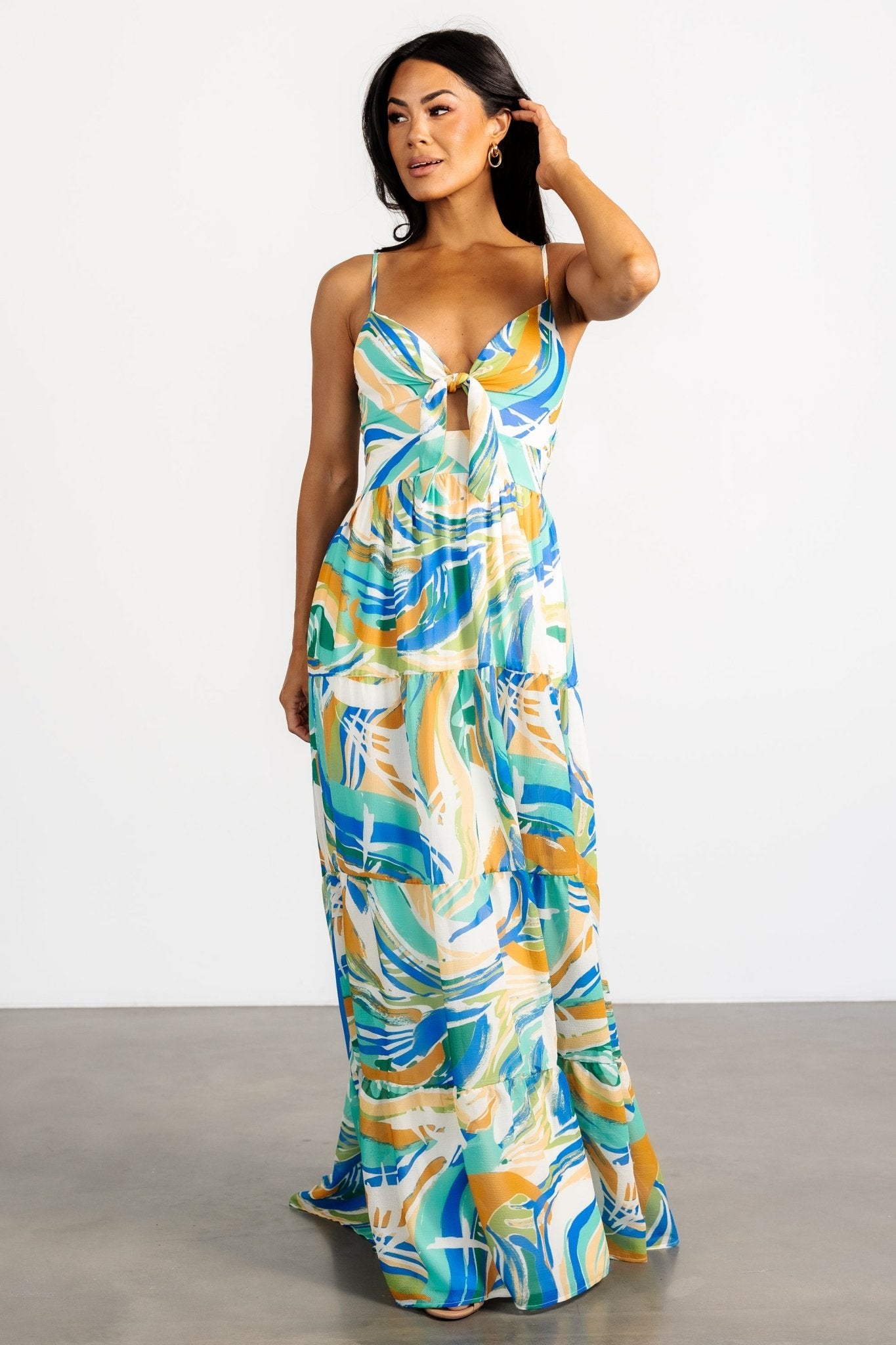Baltic Born Blue Multi Print V-Neck Maxi Dress with Tiered Skirt