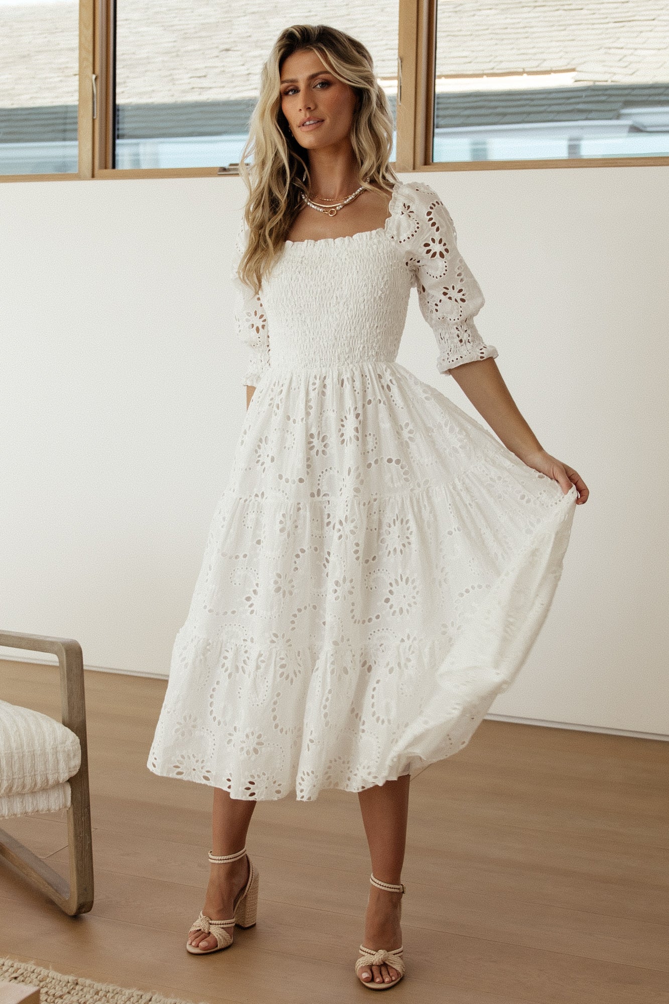 White Eyelet Midi Dress with Smocked Bodice - Baltic Born