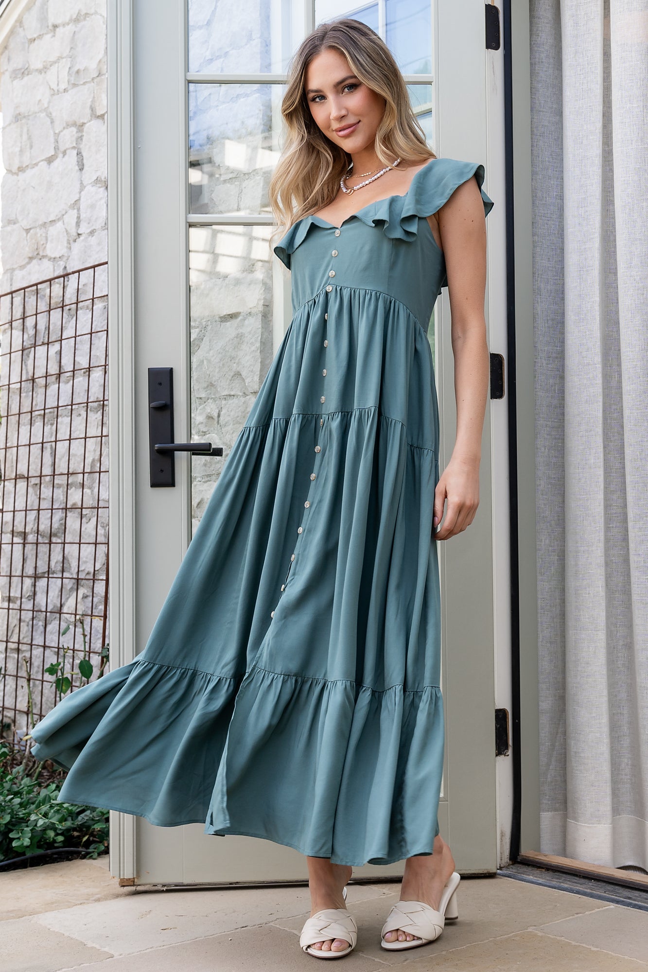 Baltic Born Ellie Ruffle Sleeve V-Neck Dress in Deep Teal