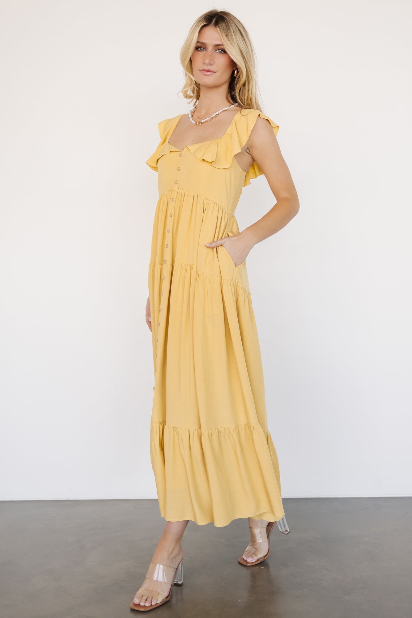 Golden Yellow Ellie Ruffle Top Dress with Pockets & Tiered Skirt
