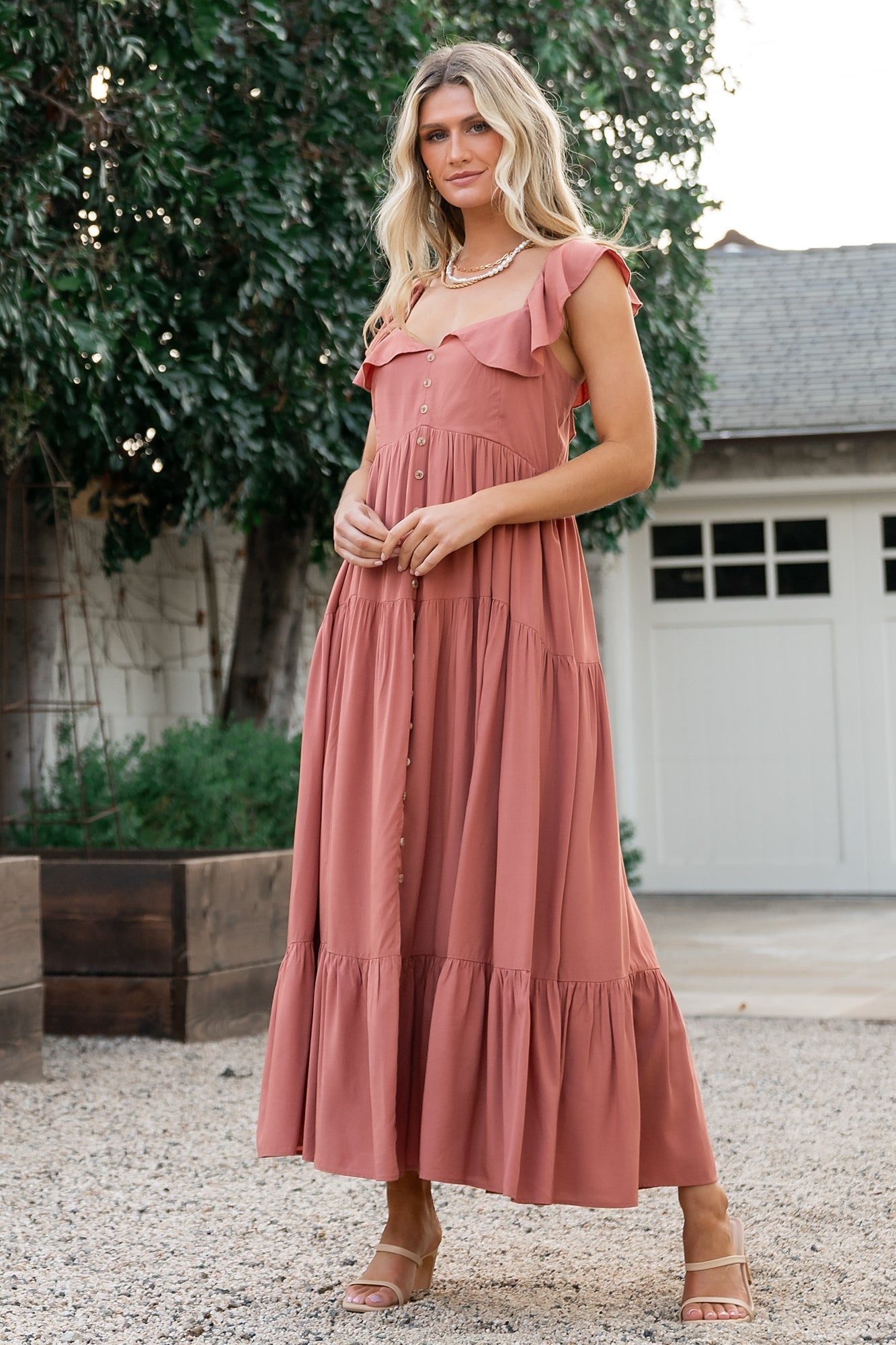 Terracotta Ruffle Sleeve Dress with Side Pockets – Ellie