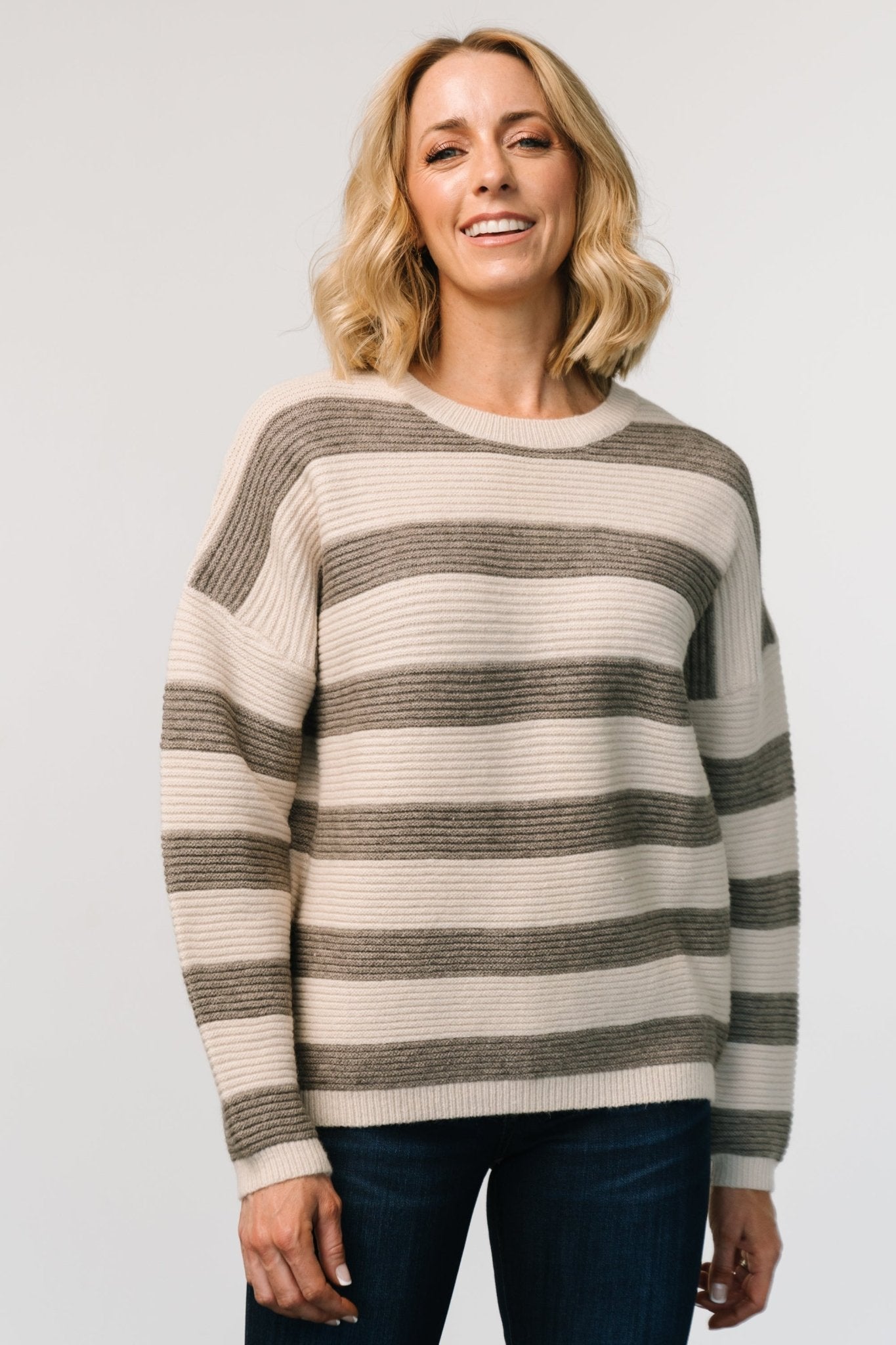 Cream & Gray Striped Knit Sweater – Ellington Cozy Ribbed Pullover