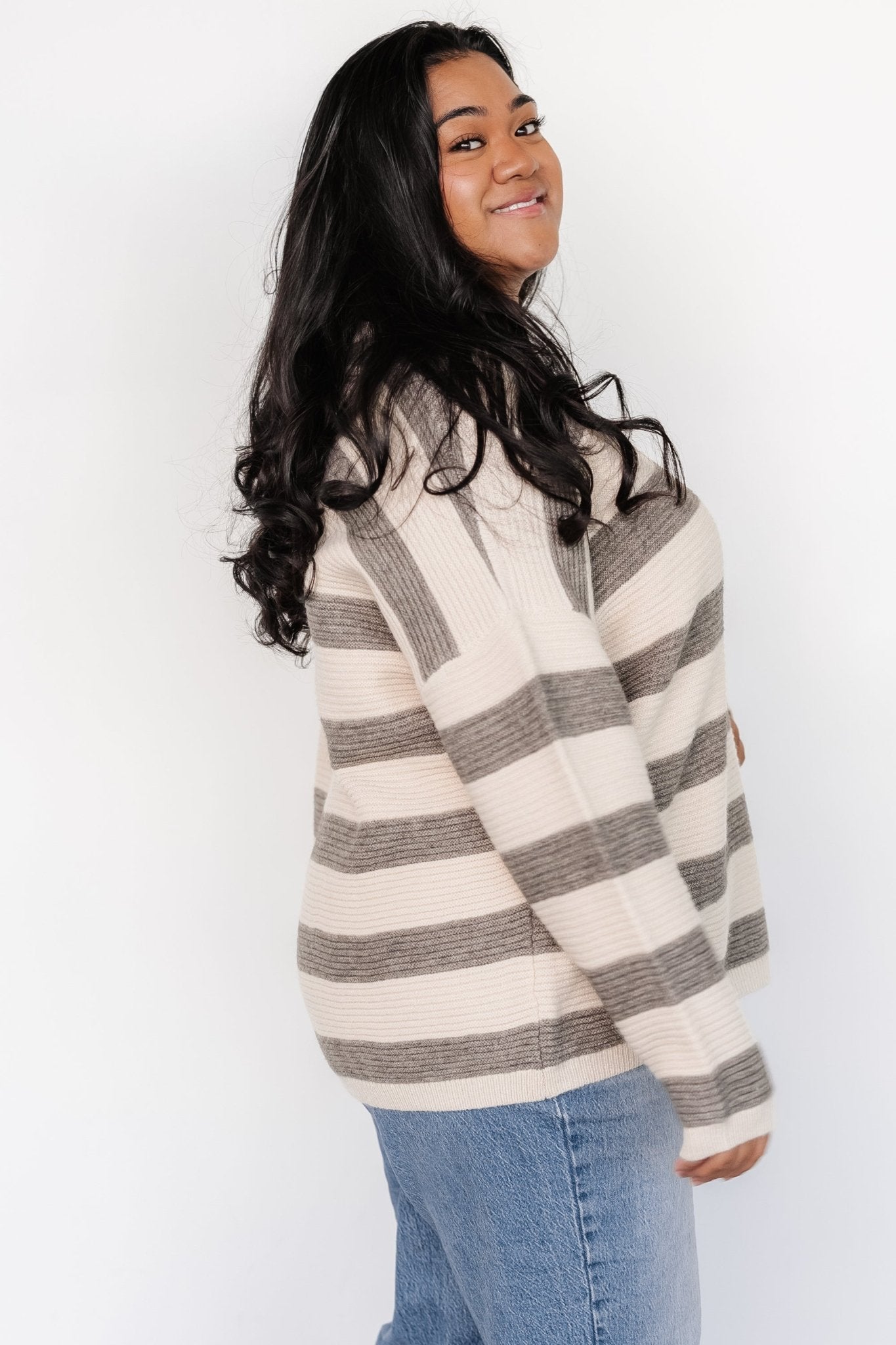 Cream & Gray Striped Knit Sweater – Ellington Cozy Ribbed Pullover