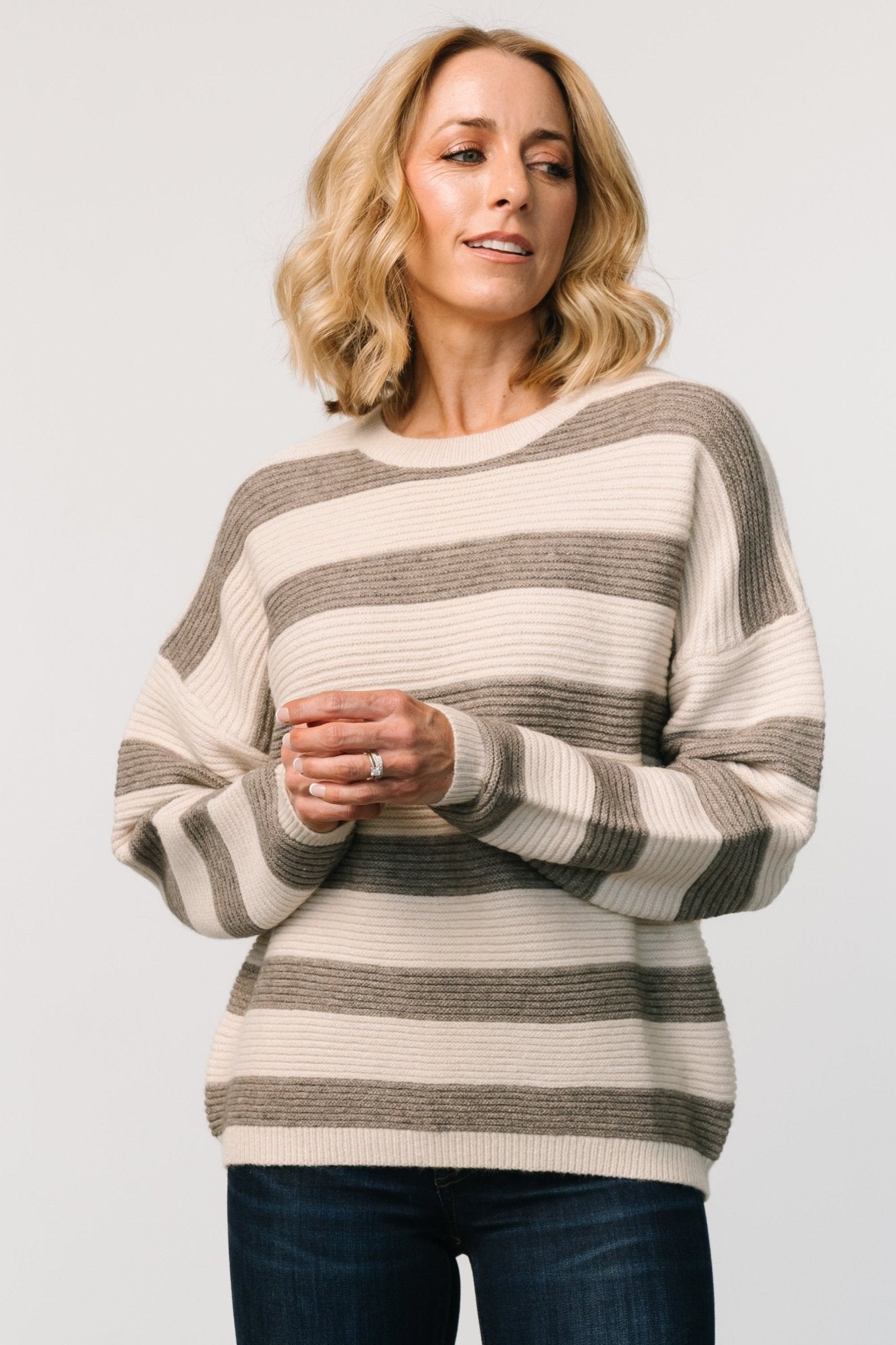 Cream & Gray Striped Knit Sweater – Ellington Cozy Ribbed Pullover