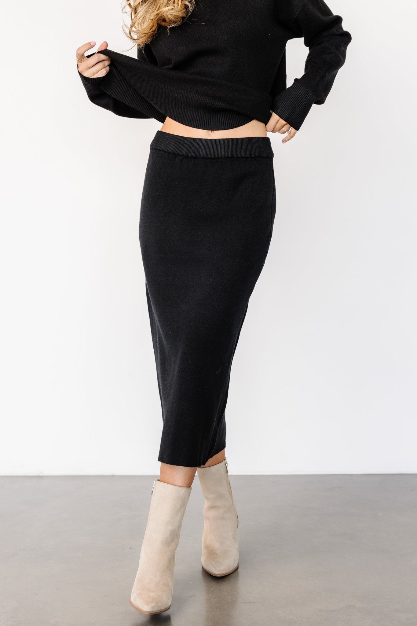 Black Midi Knit Skirt with Ribbed Waistband - Baltic Born