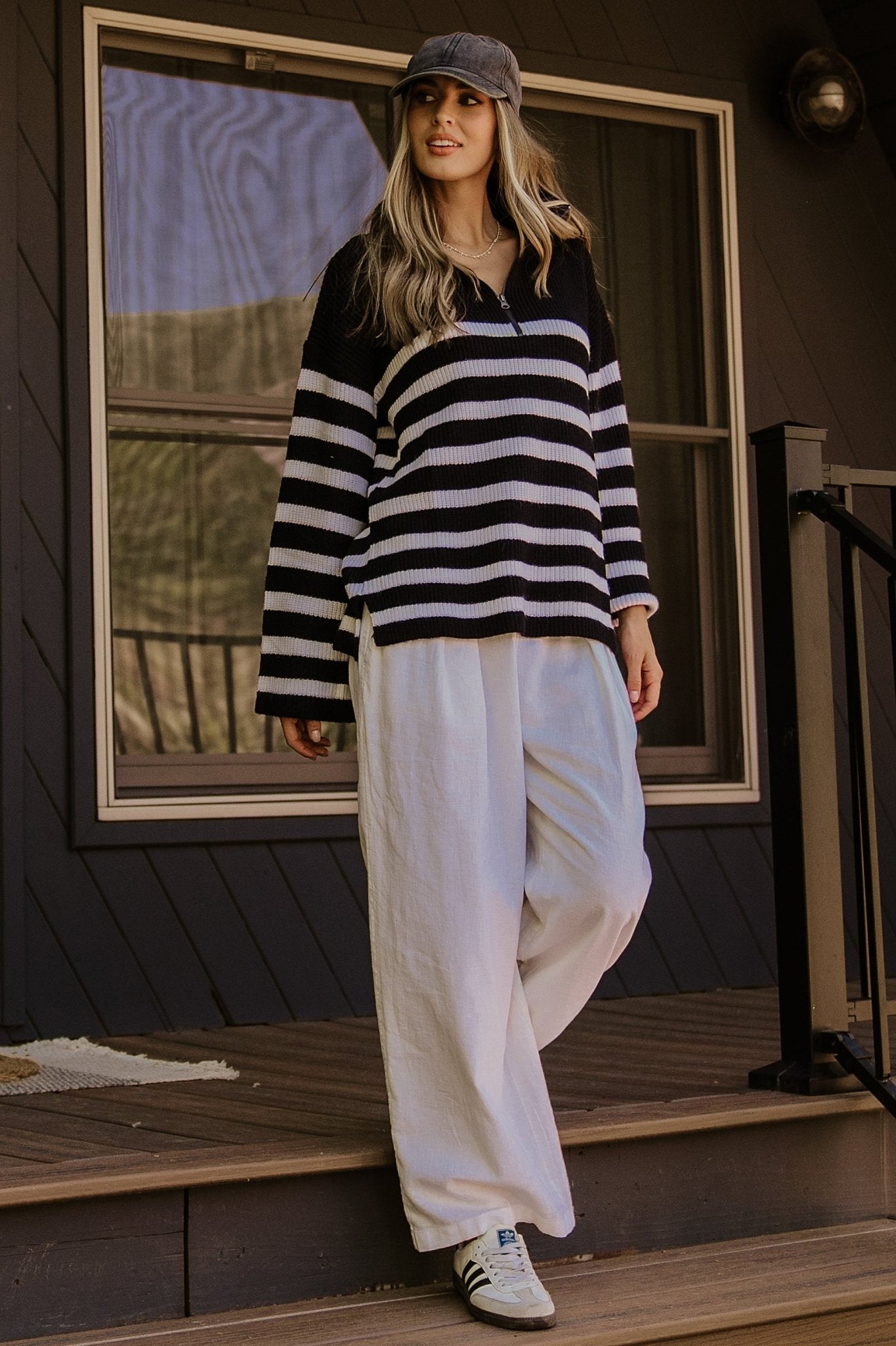 Elmer Striped Turtleneck Half Zip Sweater | Black & White Knit Top
