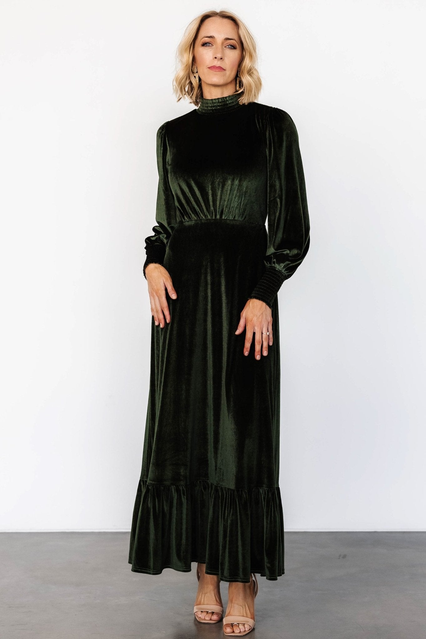 Velvet Maxi Dress for Weddings - Deep Olive Modest Long Sleeve