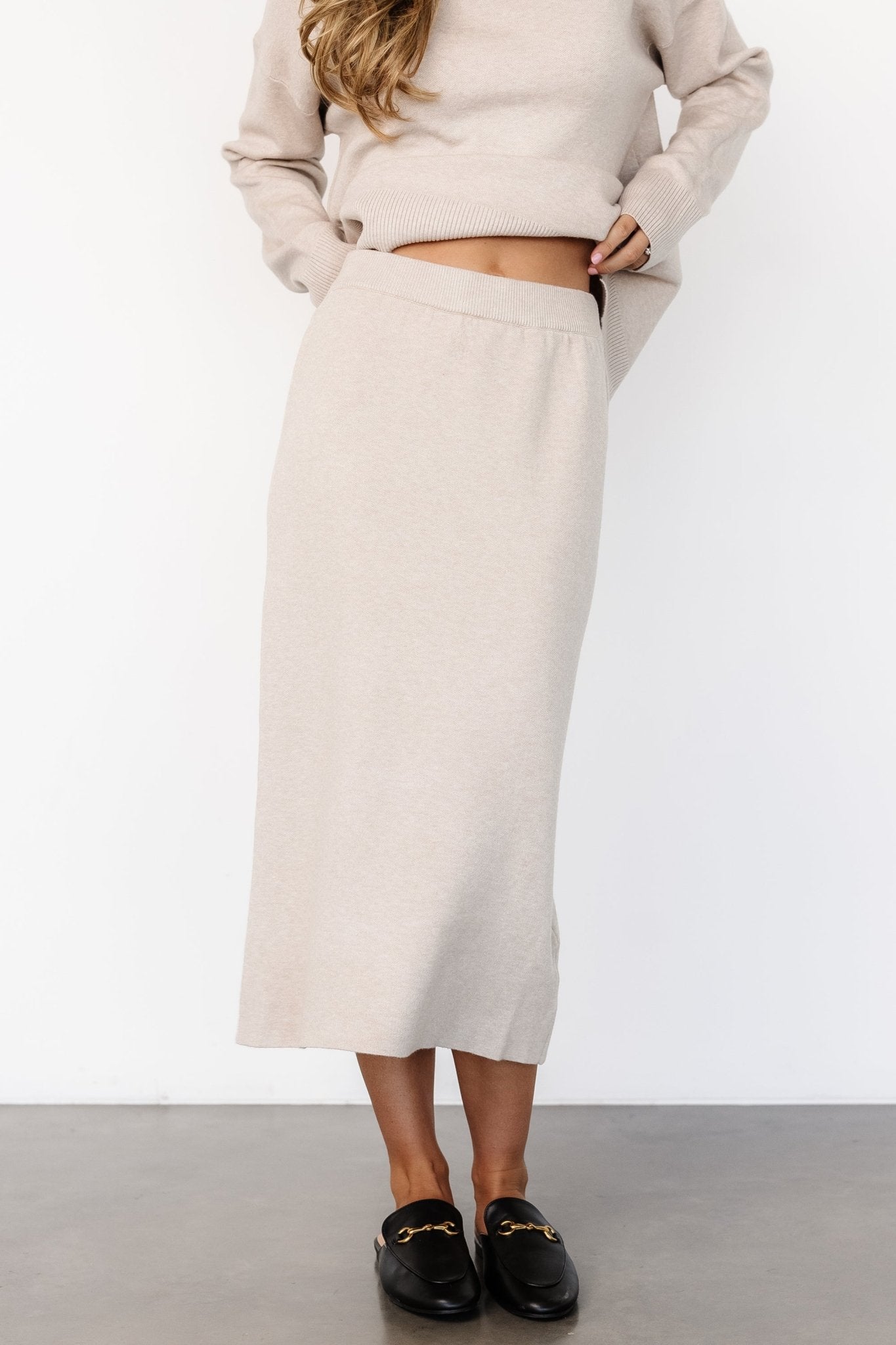 Taupe Knit Midi Skirt with Ribbed Waistband - Baltic Born