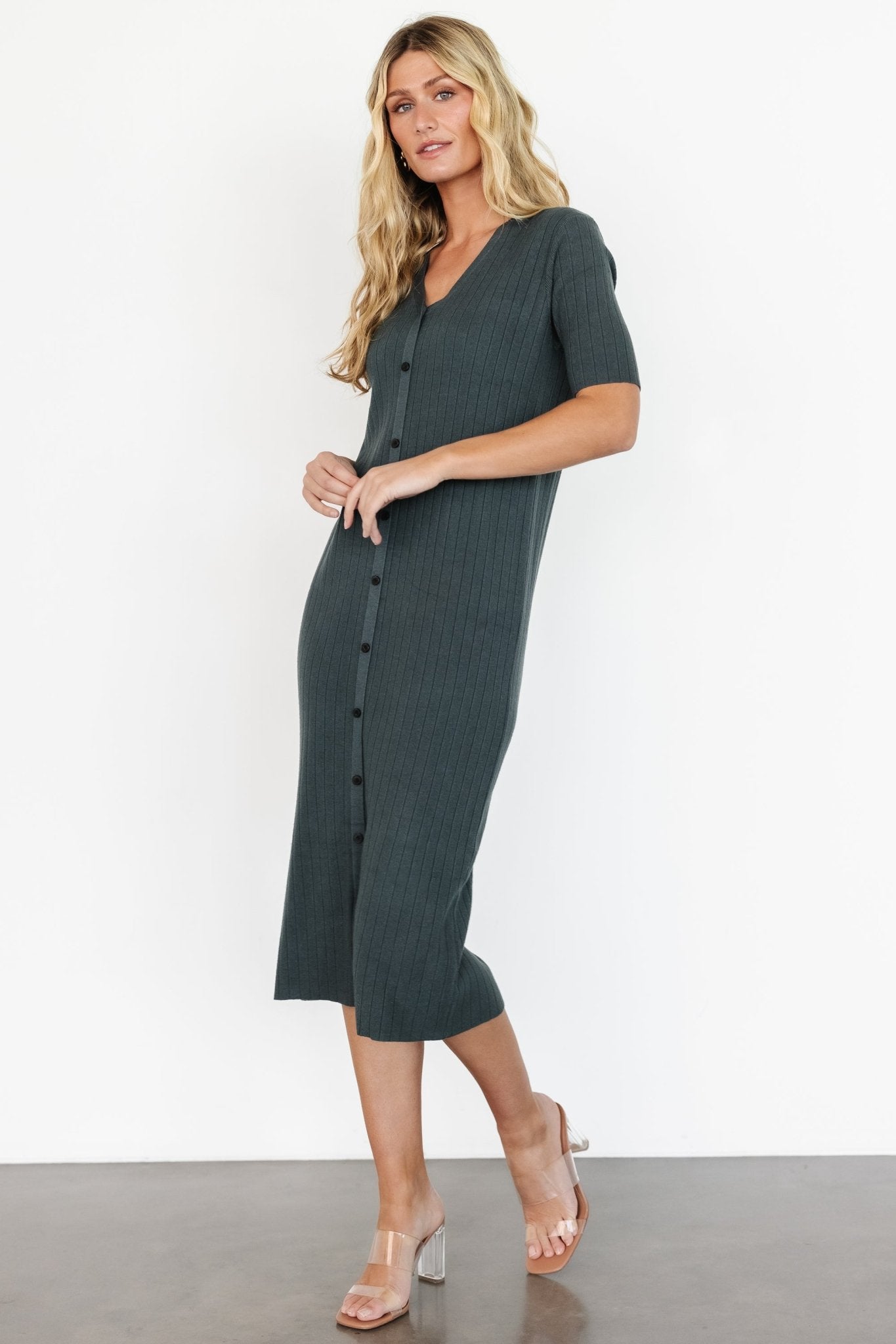 Baltic Born Alicia Ribbed V-Neck Midi Dress in Dusty Jade