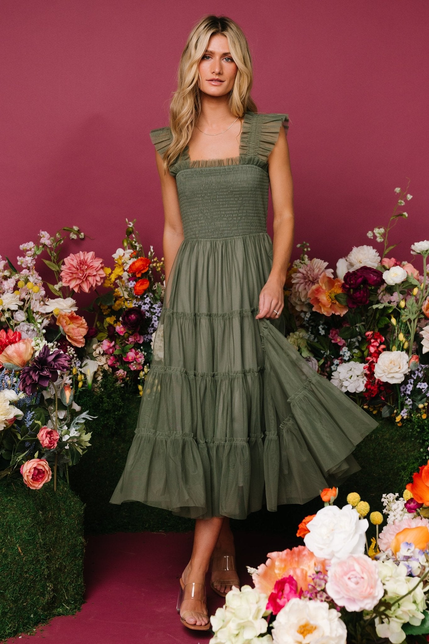 Emma Smocked Tulle Midi Dress in Sage - Romantic Ruffle Sleeves