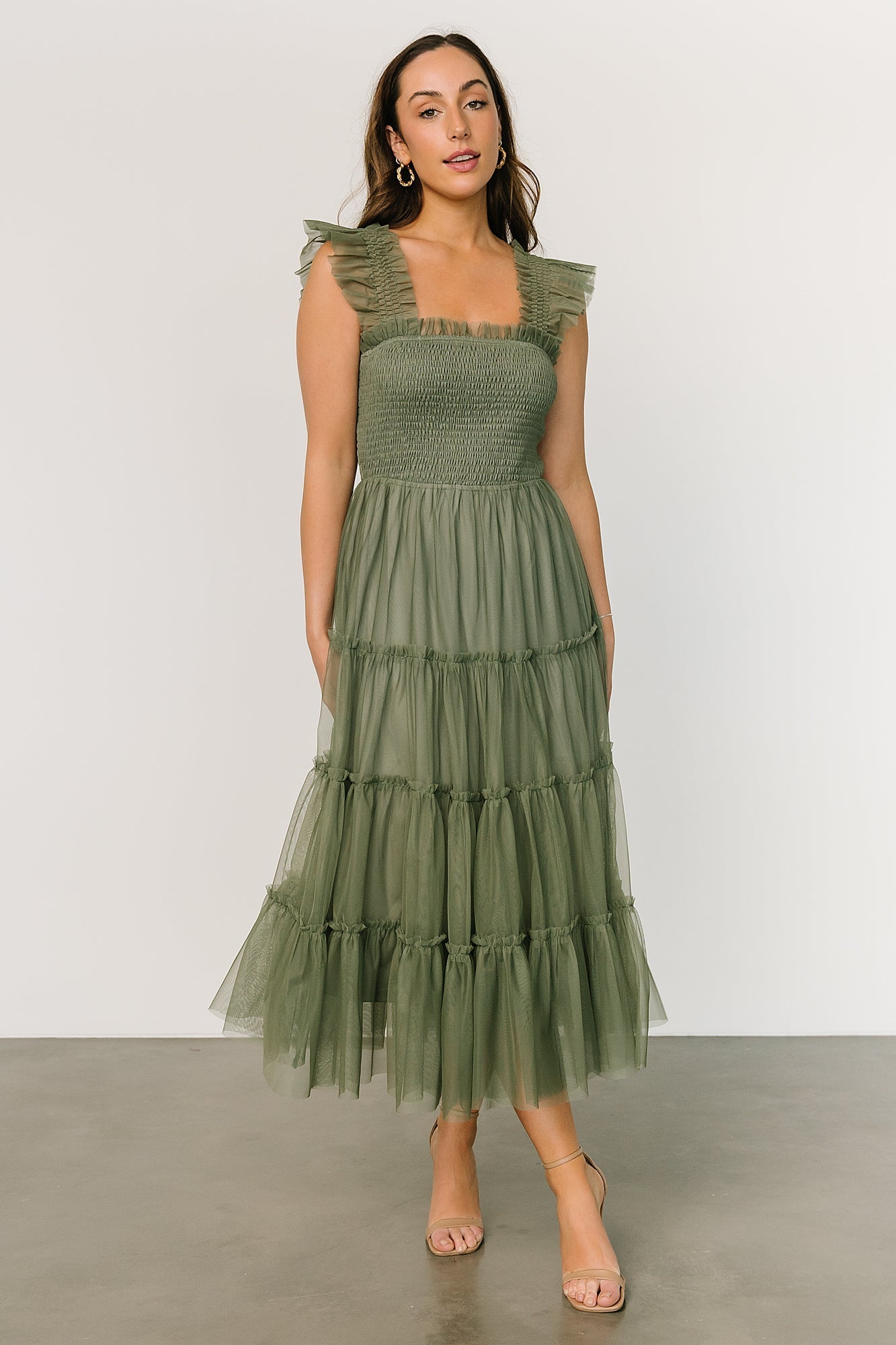 Emma Smocked Tulle Midi Dress in Sage - Romantic Ruffle Sleeves