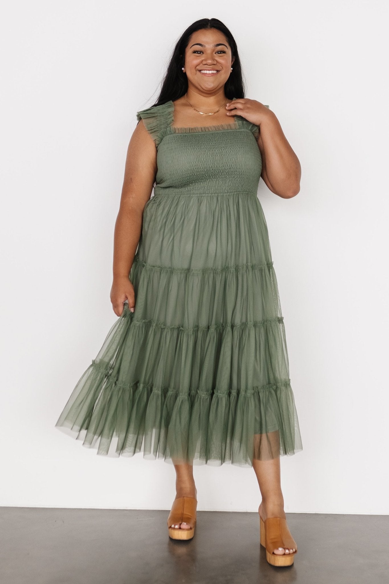 Emma Smocked Tulle Midi Dress in Sage - Romantic Ruffle Sleeves