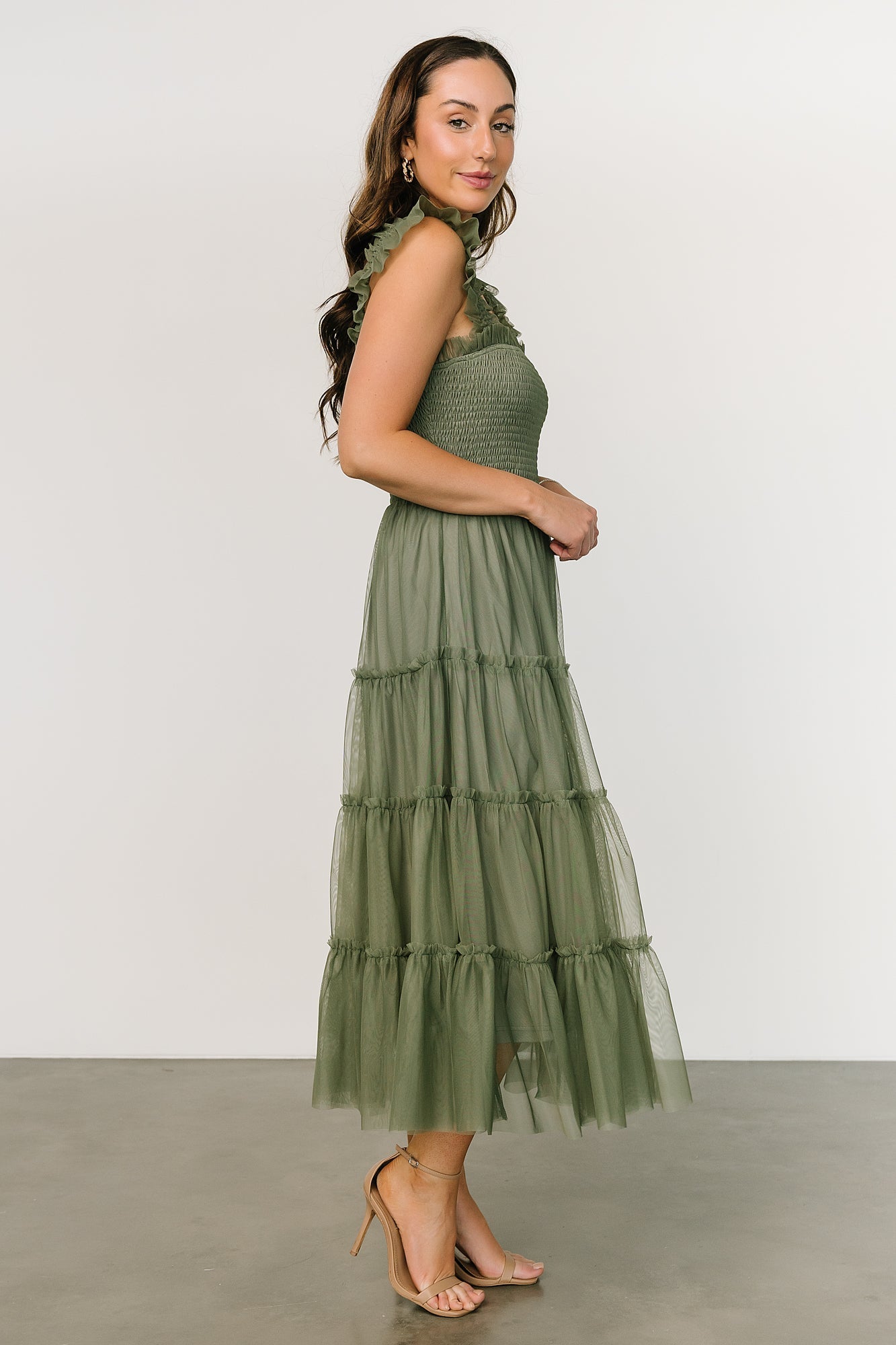 Emma Smocked Tulle Midi Dress in Sage - Romantic Ruffle Sleeves