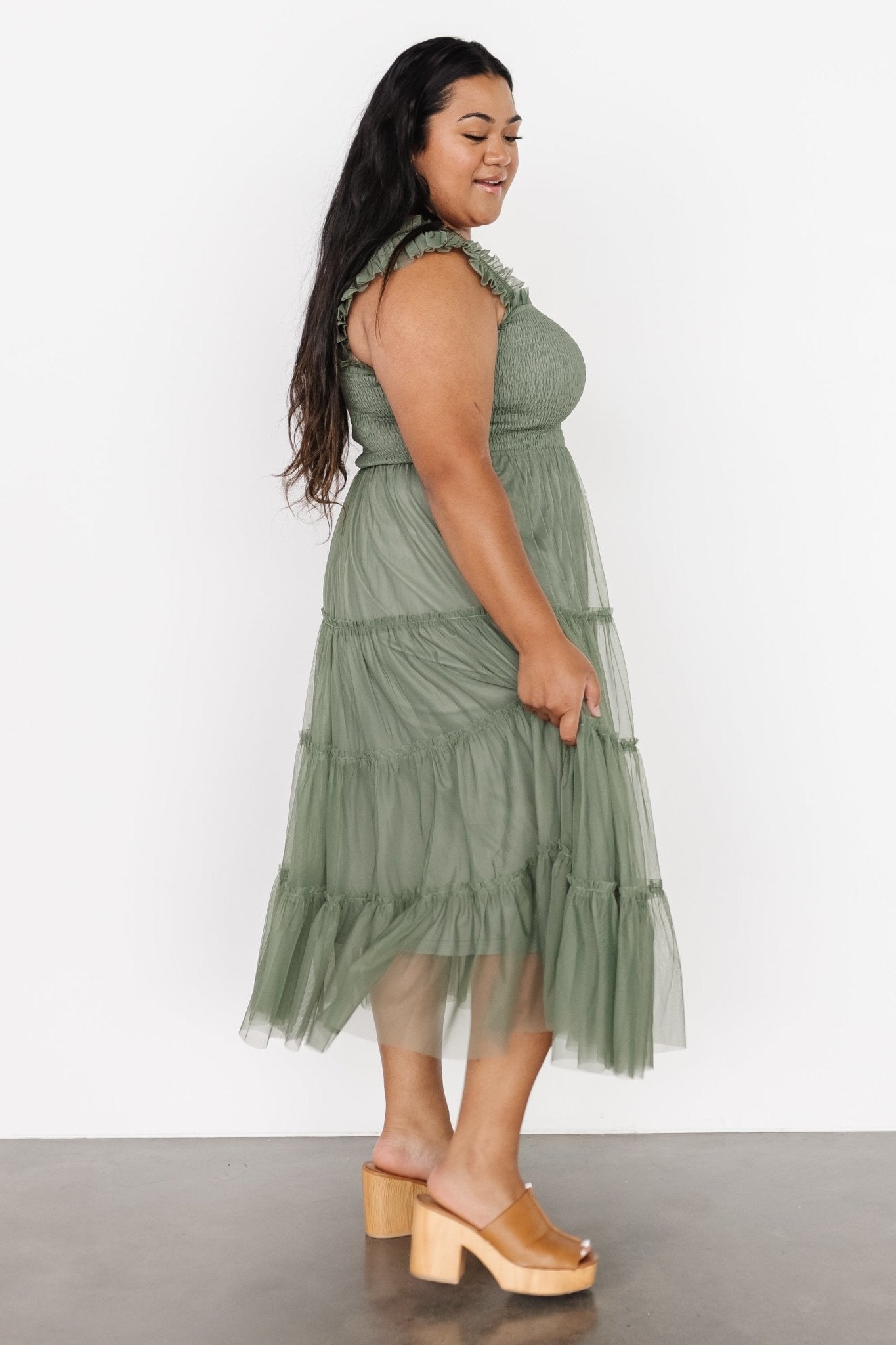 Emma Smocked Tulle Midi Dress in Sage - Romantic Ruffle Sleeves