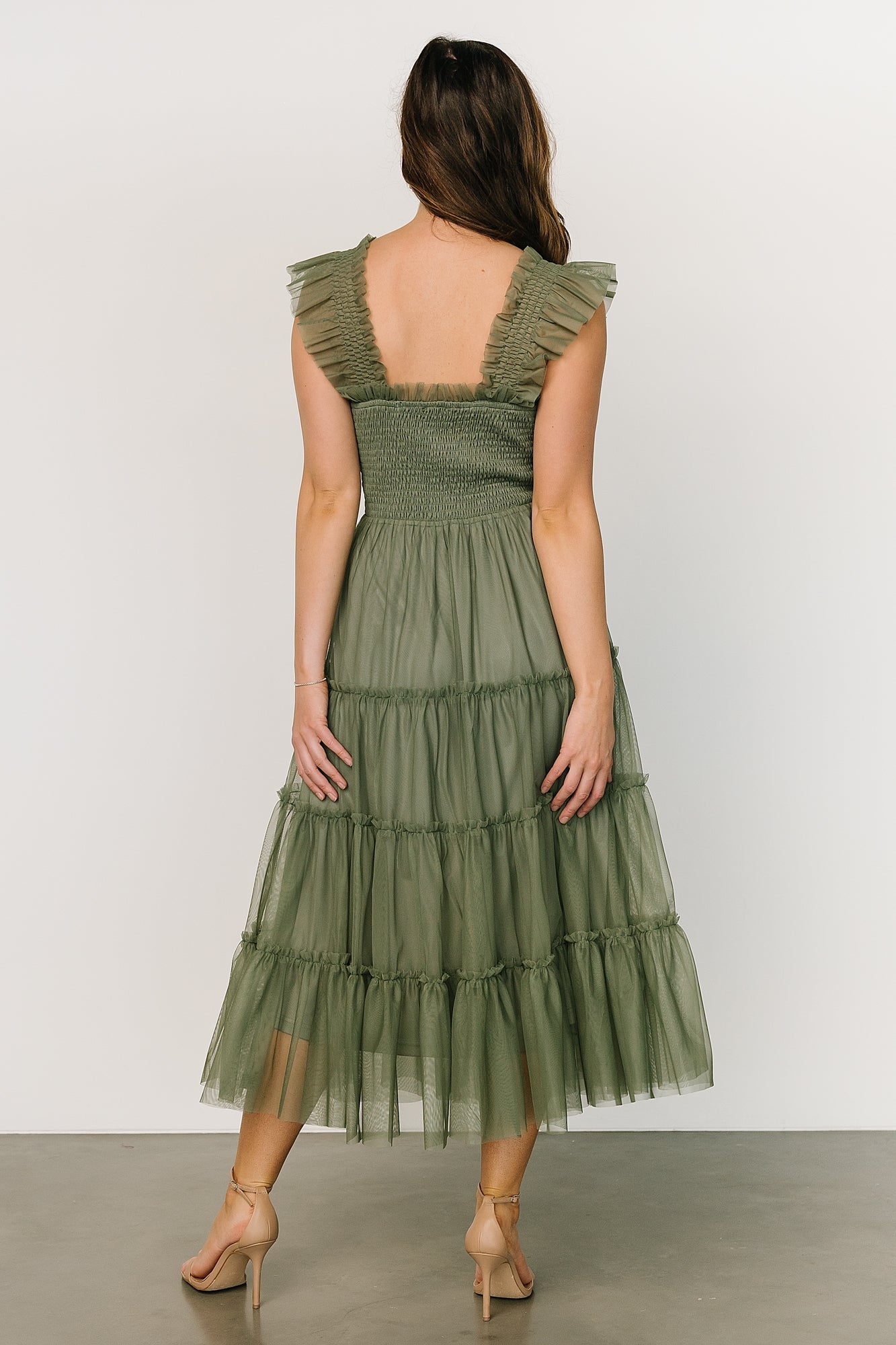 Emma Smocked Tulle Midi Dress in Sage - Romantic Ruffle Sleeves