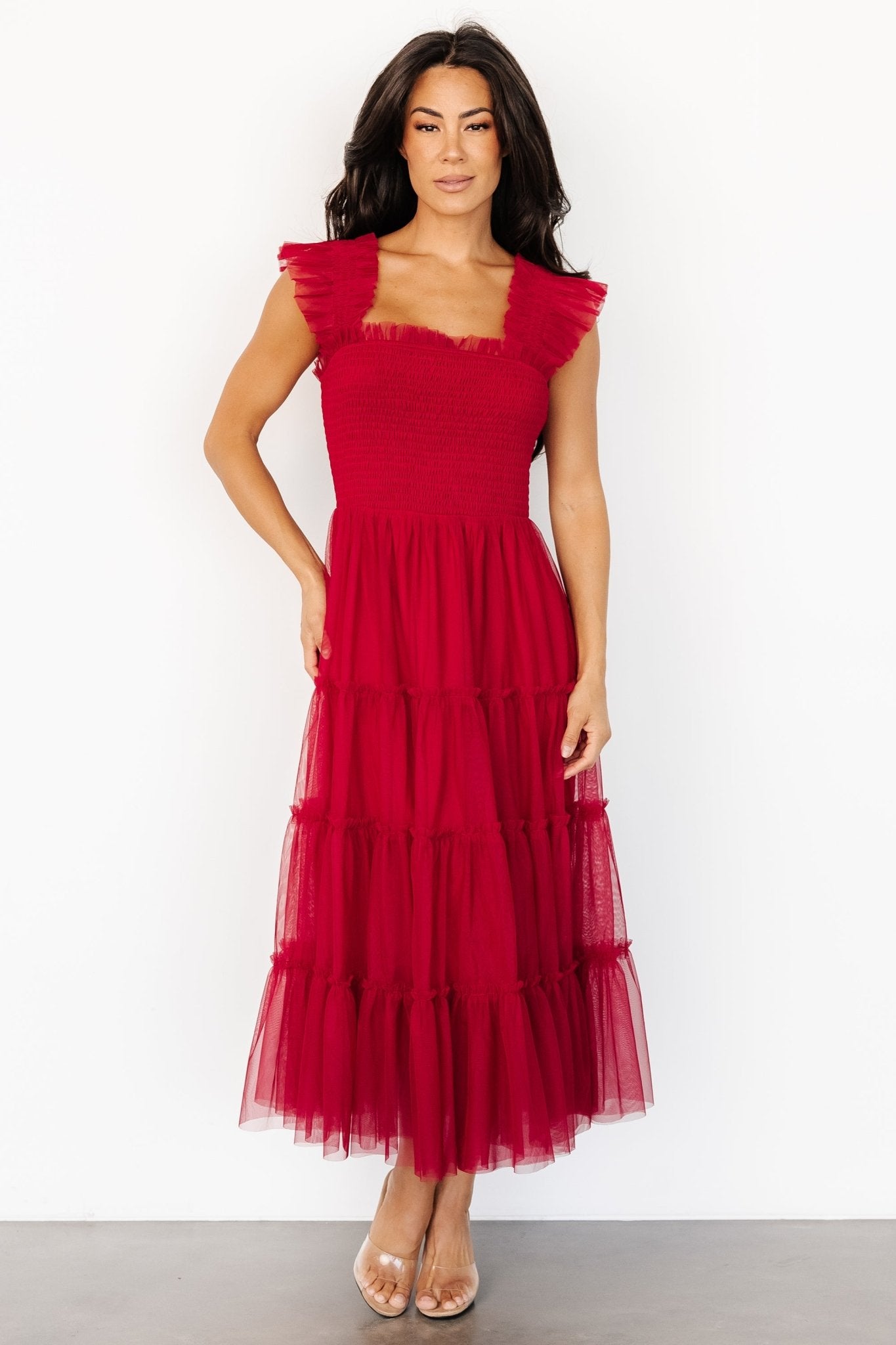 Baltic Born Emma Smocked Tulle Midi Dress in Scarlet Red