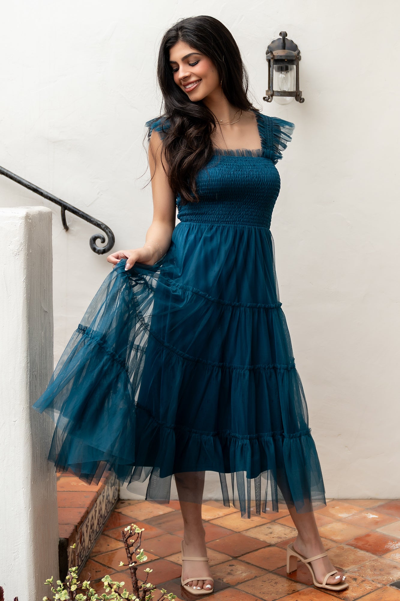 Baltic Born Emma Teal Smocked Tulle Midi Dress